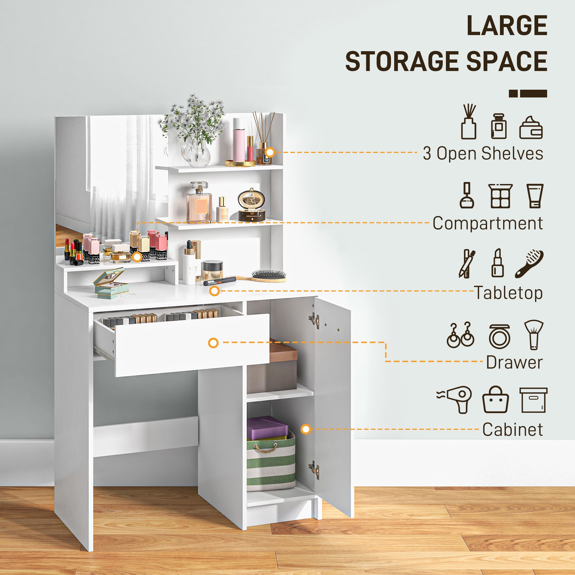 HOMCOM Vanity Desk with Mirror, Makeup Vanity Table, Vanity Set with Cushioned Stool, Storage Drawer, Cabinet and Adjustable Shelf for Bedroom, White