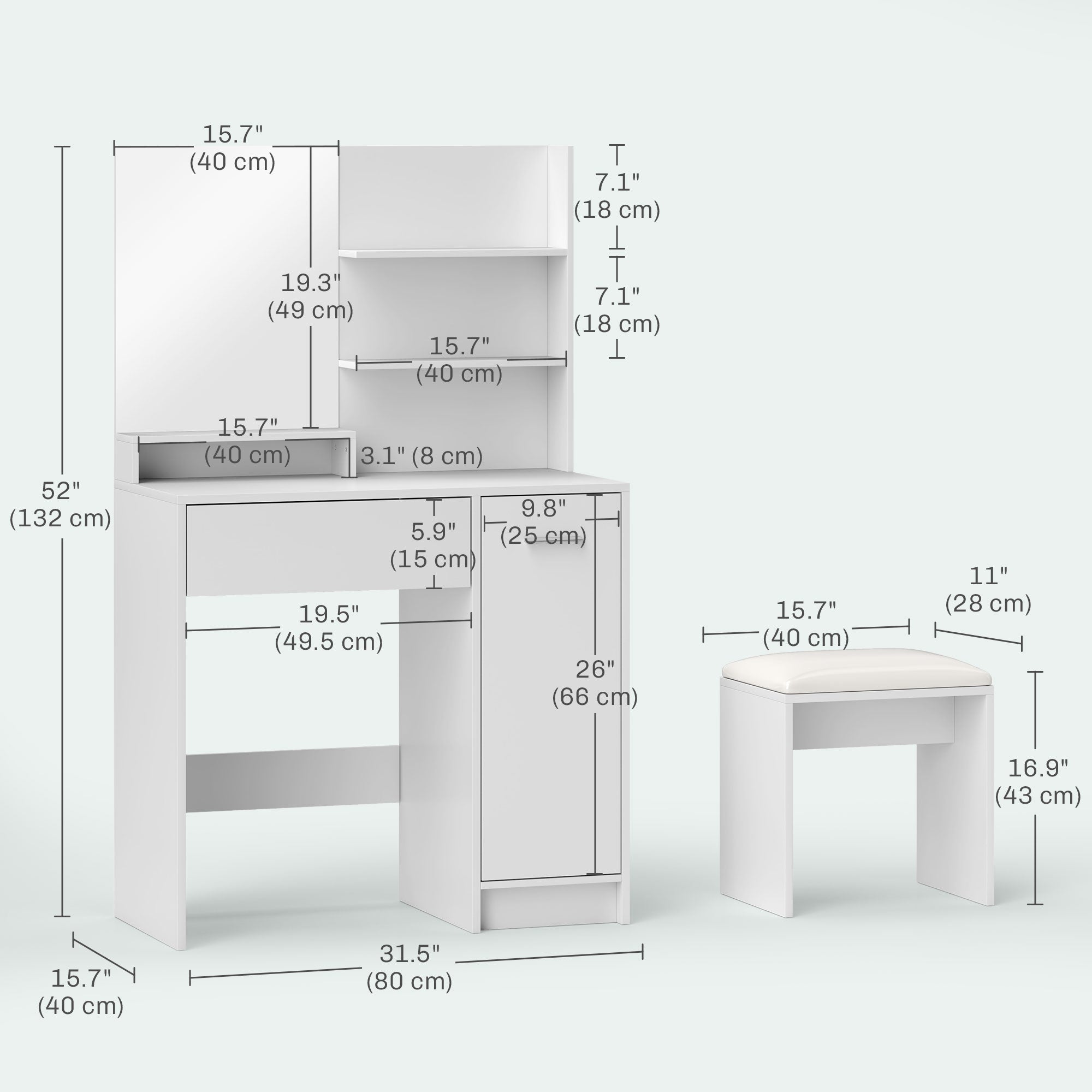 HOMCOM Vanity Desk with Mirror, Makeup Vanity Table, Vanity Set with Cushioned Stool, Storage Drawer, Cabinet and Adjustable Shelf for Bedroom, White