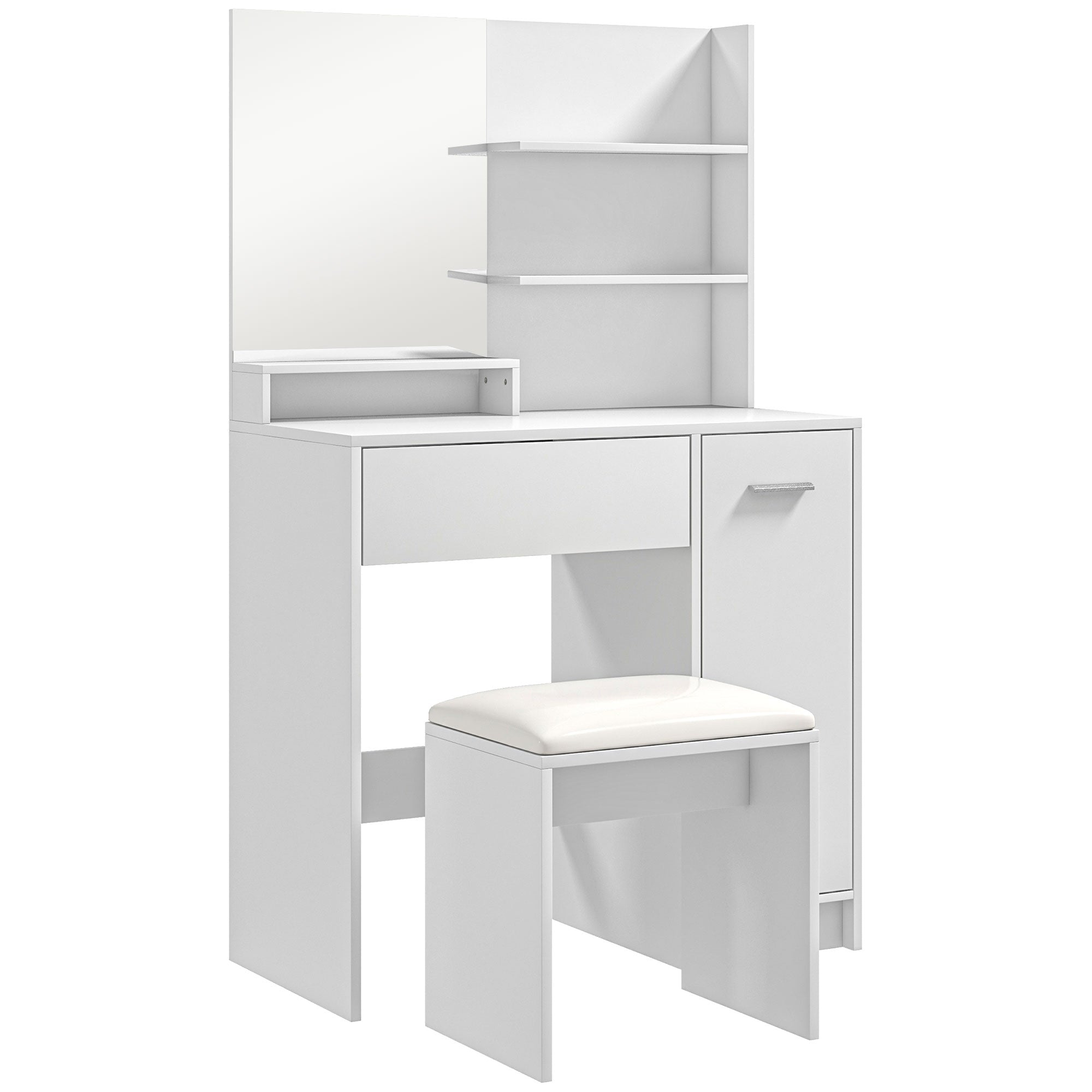 HOMCOM Vanity Desk with Mirror, Makeup Vanity Table, Vanity Set with Cushioned Stool, Storage Drawer, Cabinet and Adjustable Shelf for Bedroom, White