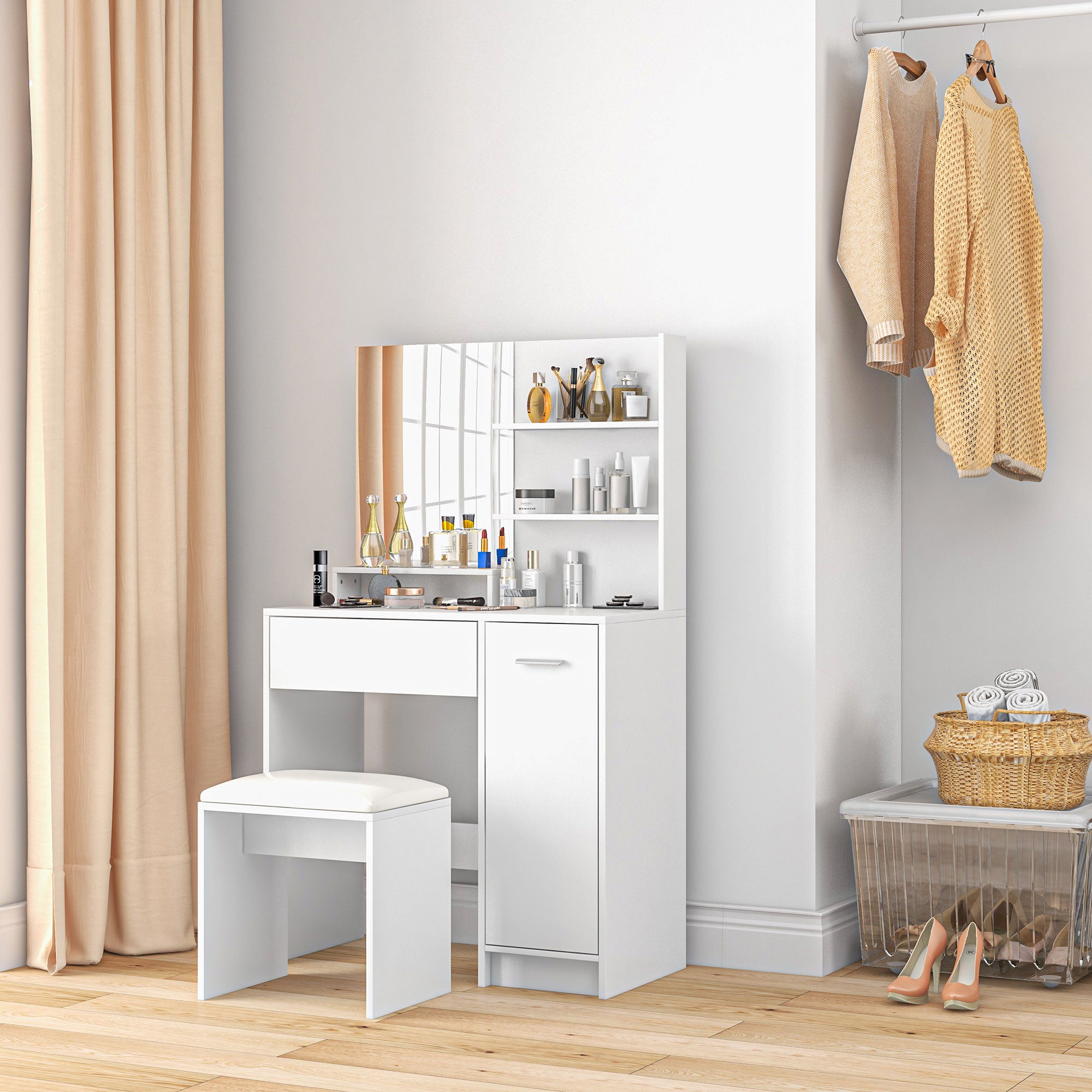 HOMCOM Vanity Desk with Mirror, Makeup Vanity Table, Vanity Set with Cushioned Stool, Storage Drawer, Cabinet and Adjustable Shelf for Bedroom, White