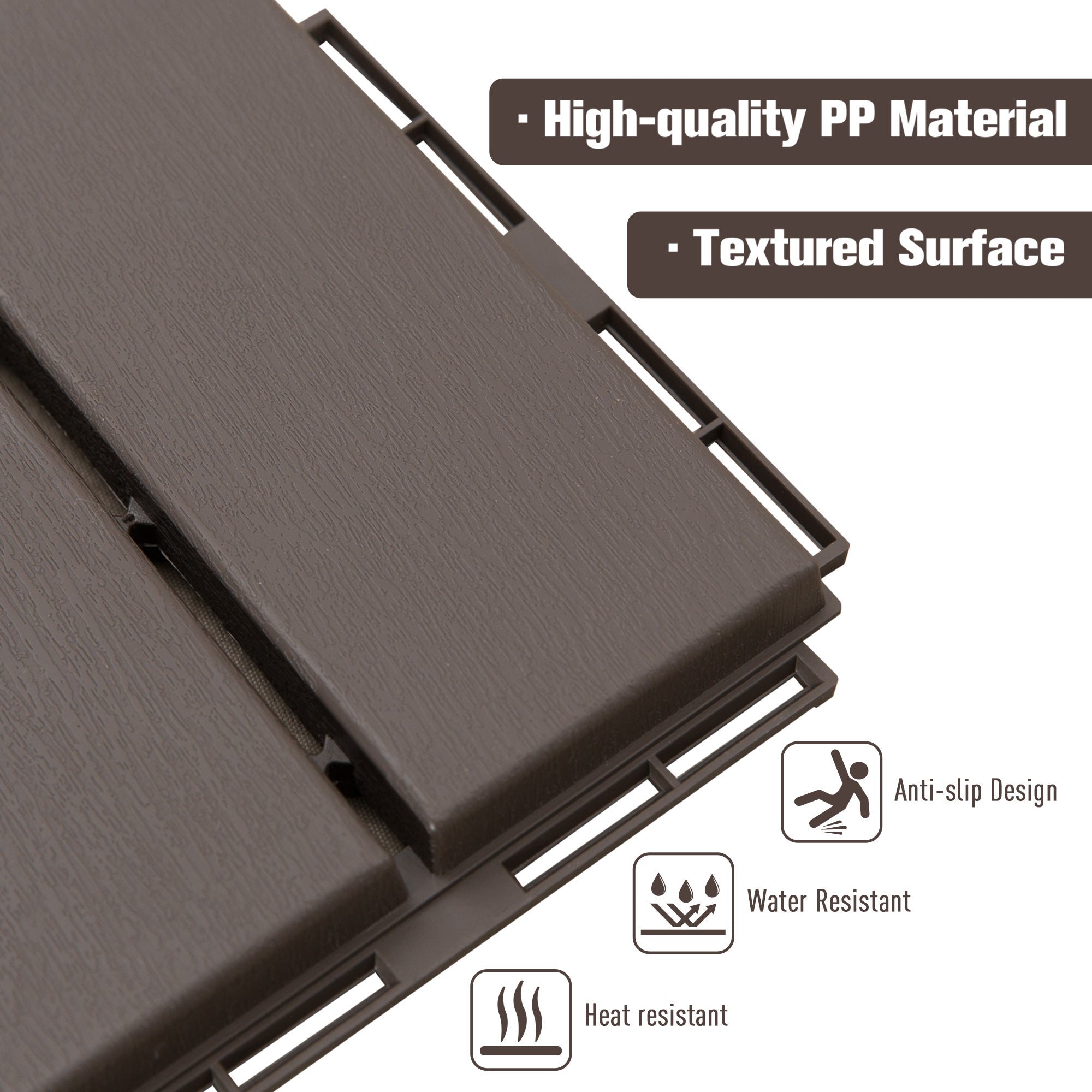 Outsunny 9 Pcs PP Interlocking Composite Deck Tile, 12" x 12" Outdoor Flooring Tiles for Indoor and Outdoor Use, Tools Free Assembly, Brown