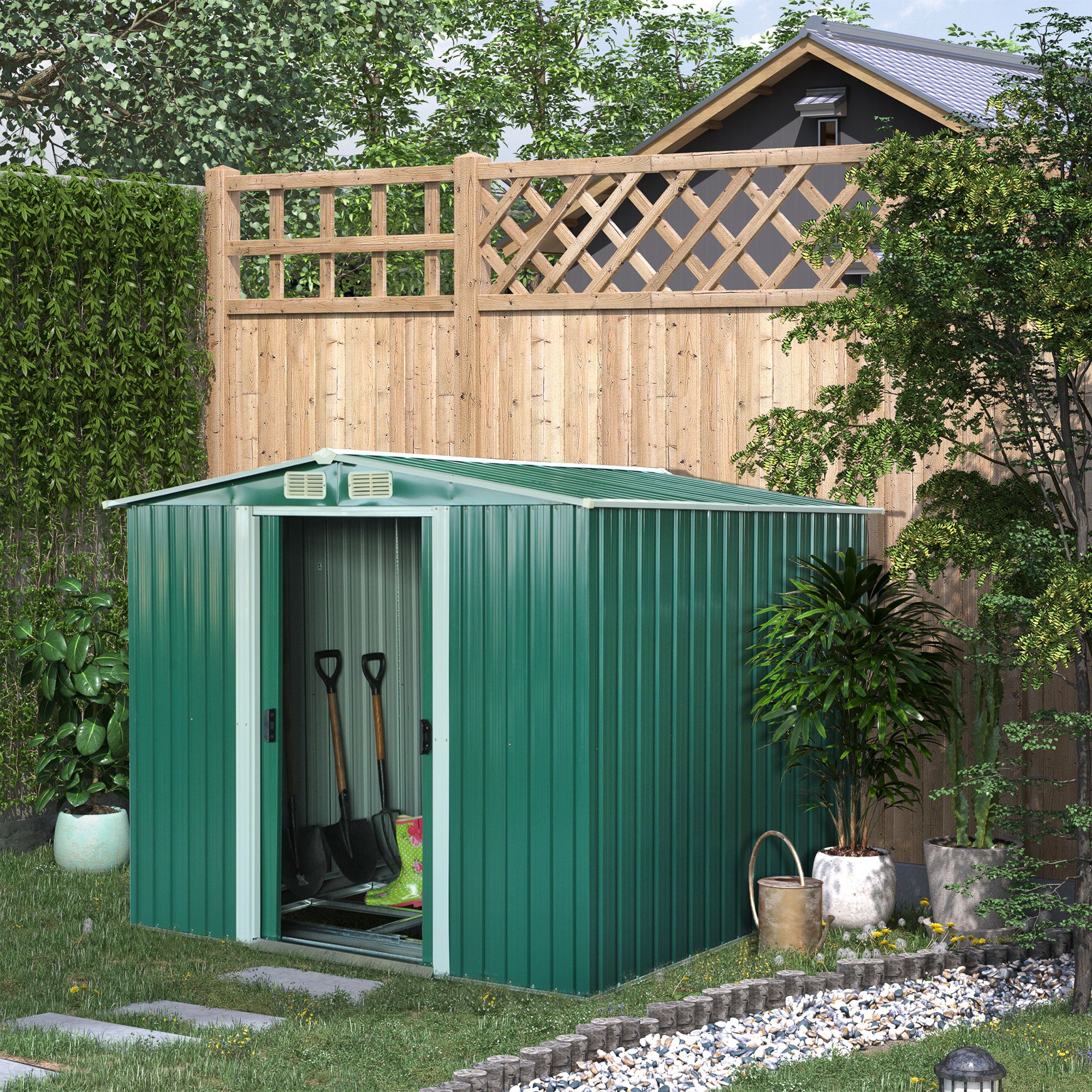 Outsunny 8.5' x 6.8' x 5.8' Practical Garden Storage Shed Outdoor Backyard Tool House w/ Double Sliding Door and 4 Ventilation Slots, Green