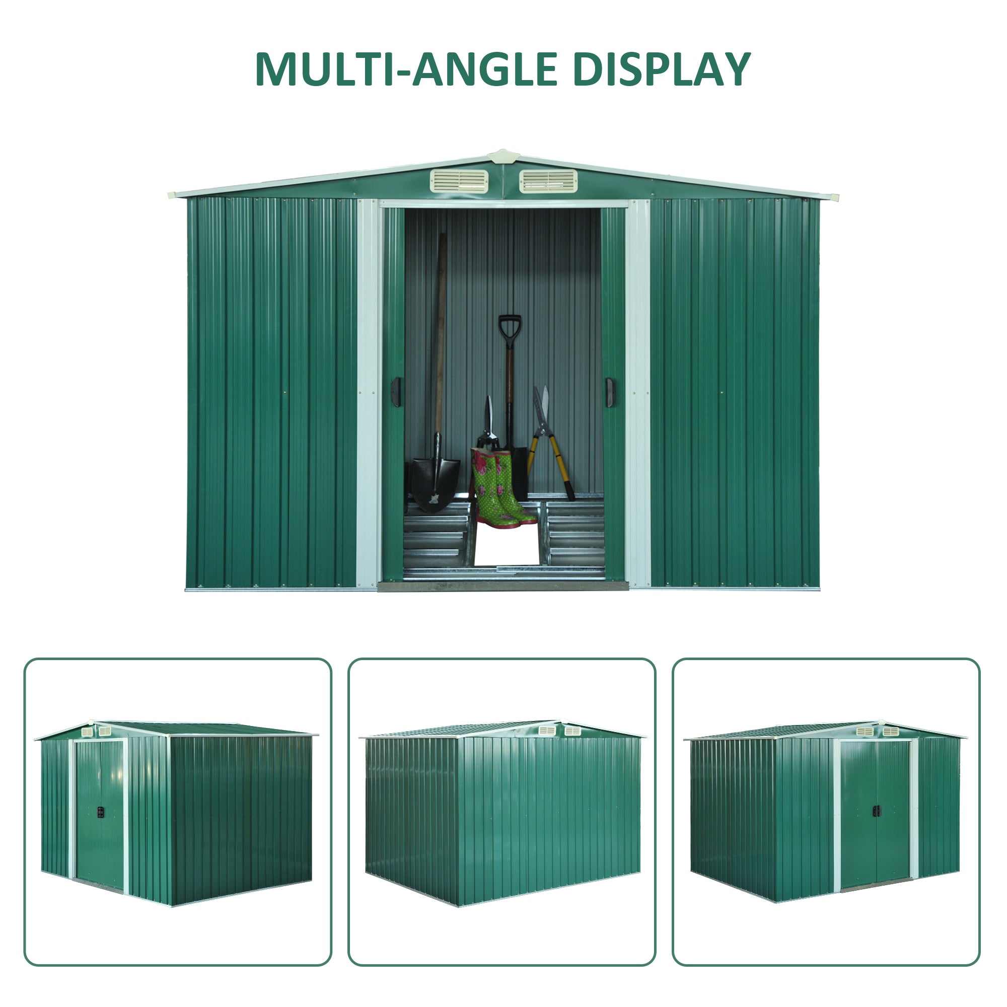 Outsunny 8.5' x 6.8' x 5.8' Practical Garden Storage Shed Outdoor Backyard Tool House w/ Double Sliding Door and 4 Ventilation Slots, Green