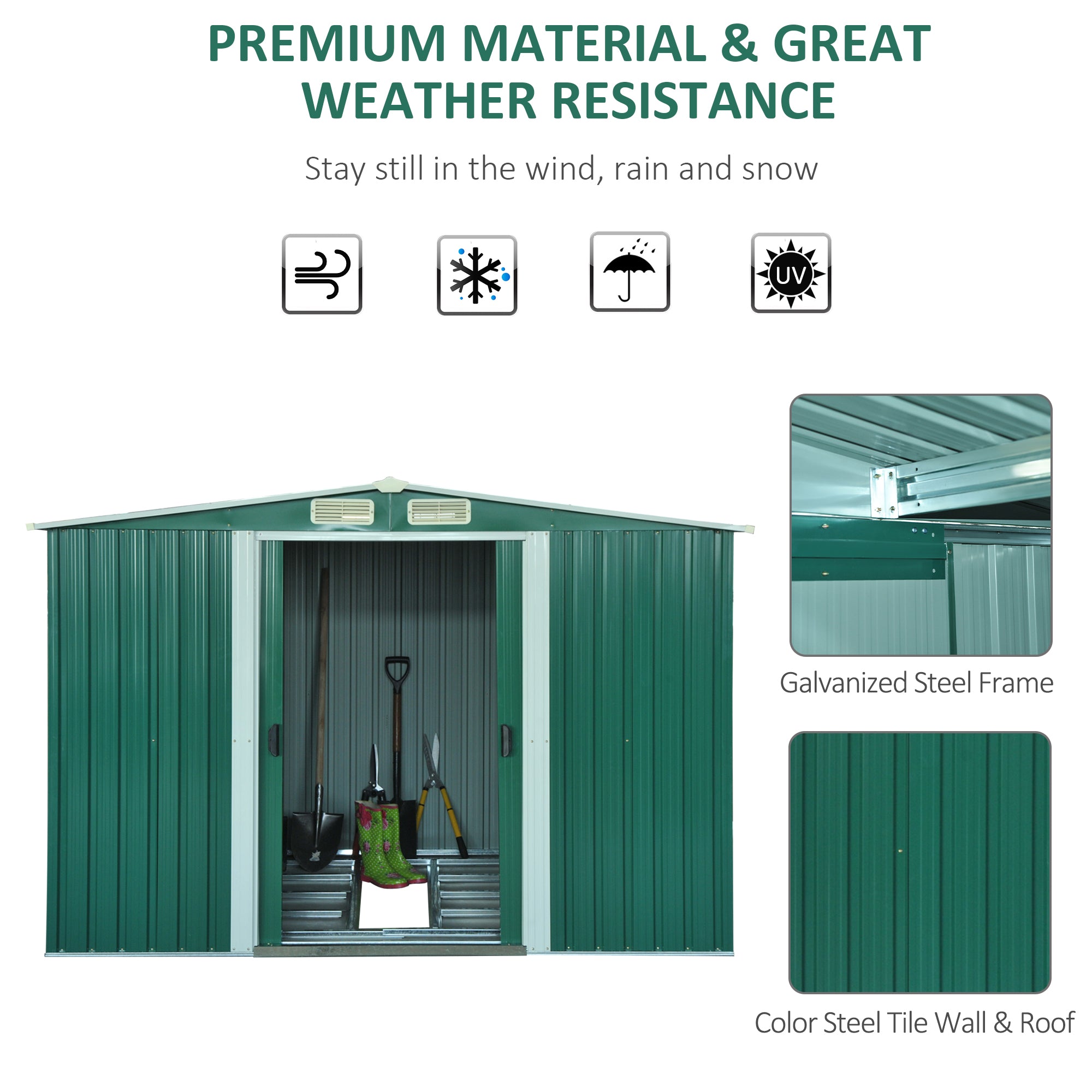 Outsunny 8.5' x 6.8' x 5.8' Practical Garden Storage Shed Outdoor Backyard Tool House w/ Double Sliding Door and 4 Ventilation Slots, Green