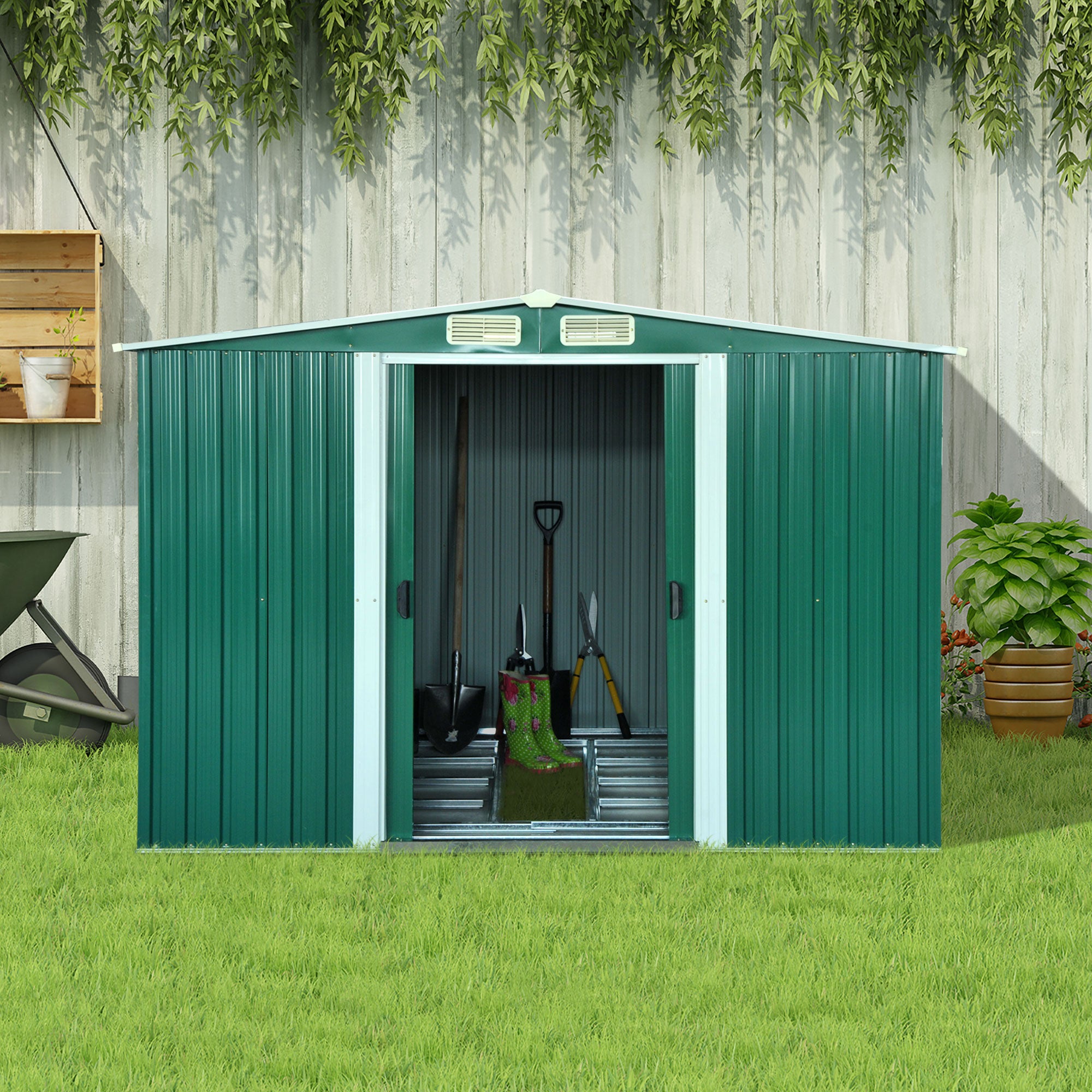 Outsunny 8.5' x 6.8' x 5.8' Practical Garden Storage Shed Outdoor Backyard Tool House w/ Double Sliding Door and 4 Ventilation Slots, Green