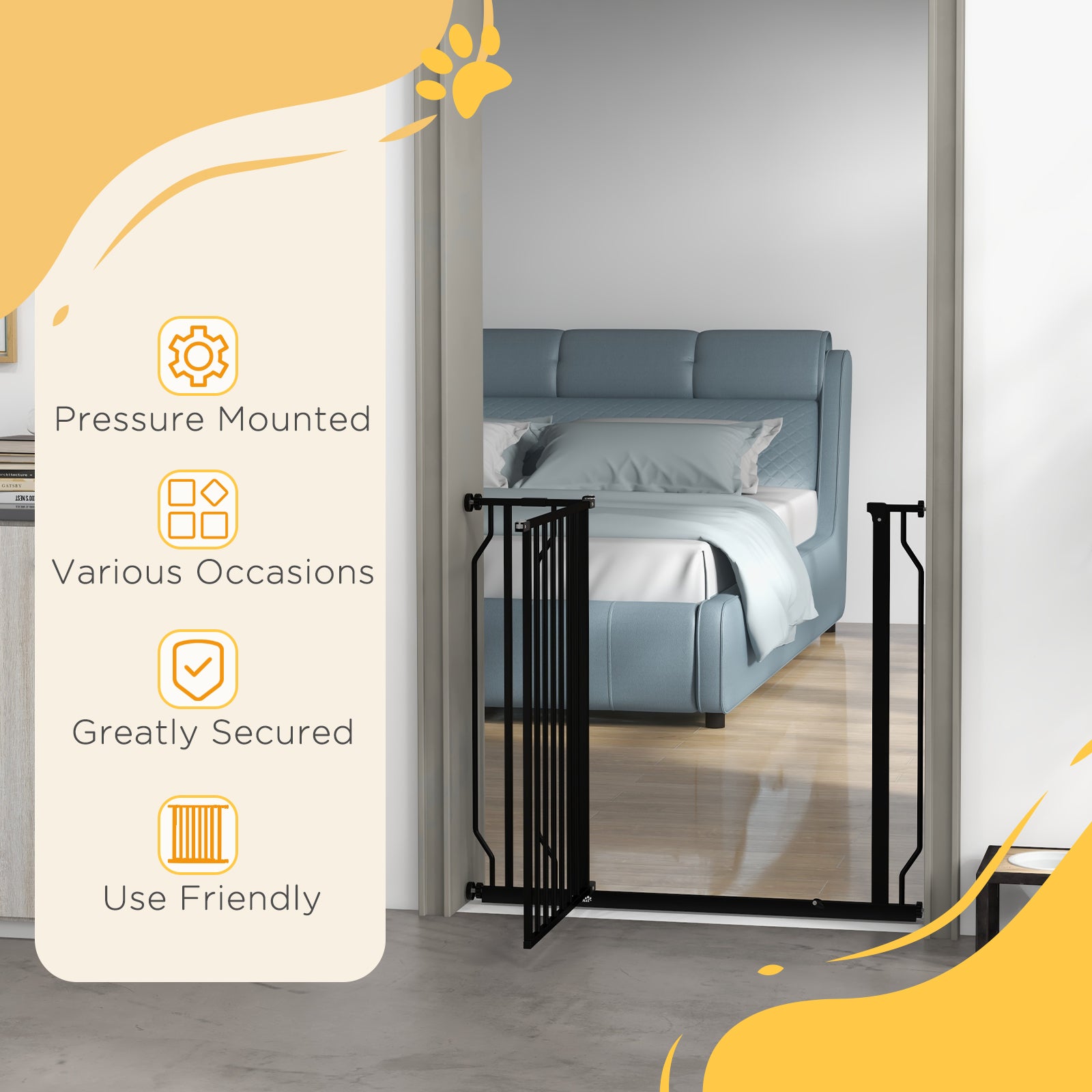 PawHut Dog Gate Wide Stair Gate w/ Door Pressure Fit Pets Barrier for Doorway, Hallway, 76H x 75-95W cm - Black
