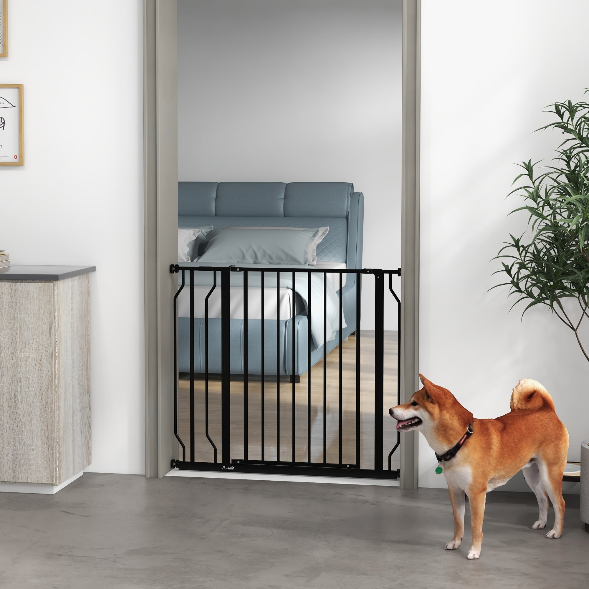 PawHut Dog Gate Wide Stair Gate w/ Door Pressure Fit Pets Barrier for Doorway, Hallway, 76H x 75-95W cm - Black