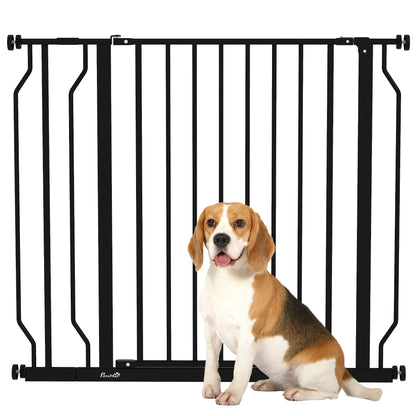 PawHut Dog Gate Wide Stair Gate w/ Door Pressure Fit Pets Barrier for Doorway, Hallway, 76H x 75-95W cm - Black