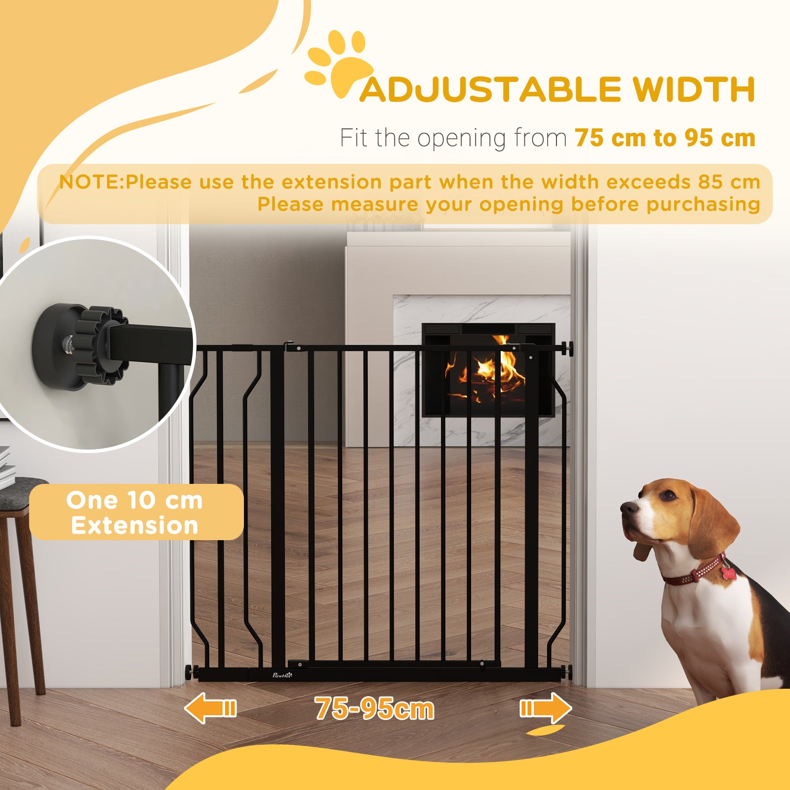 PawHut Dog Gate Wide Stair Gate w/ Door Pressure Fit Pets Barrier for Doorway, Hallway, 76H x 75-95W cm - Black