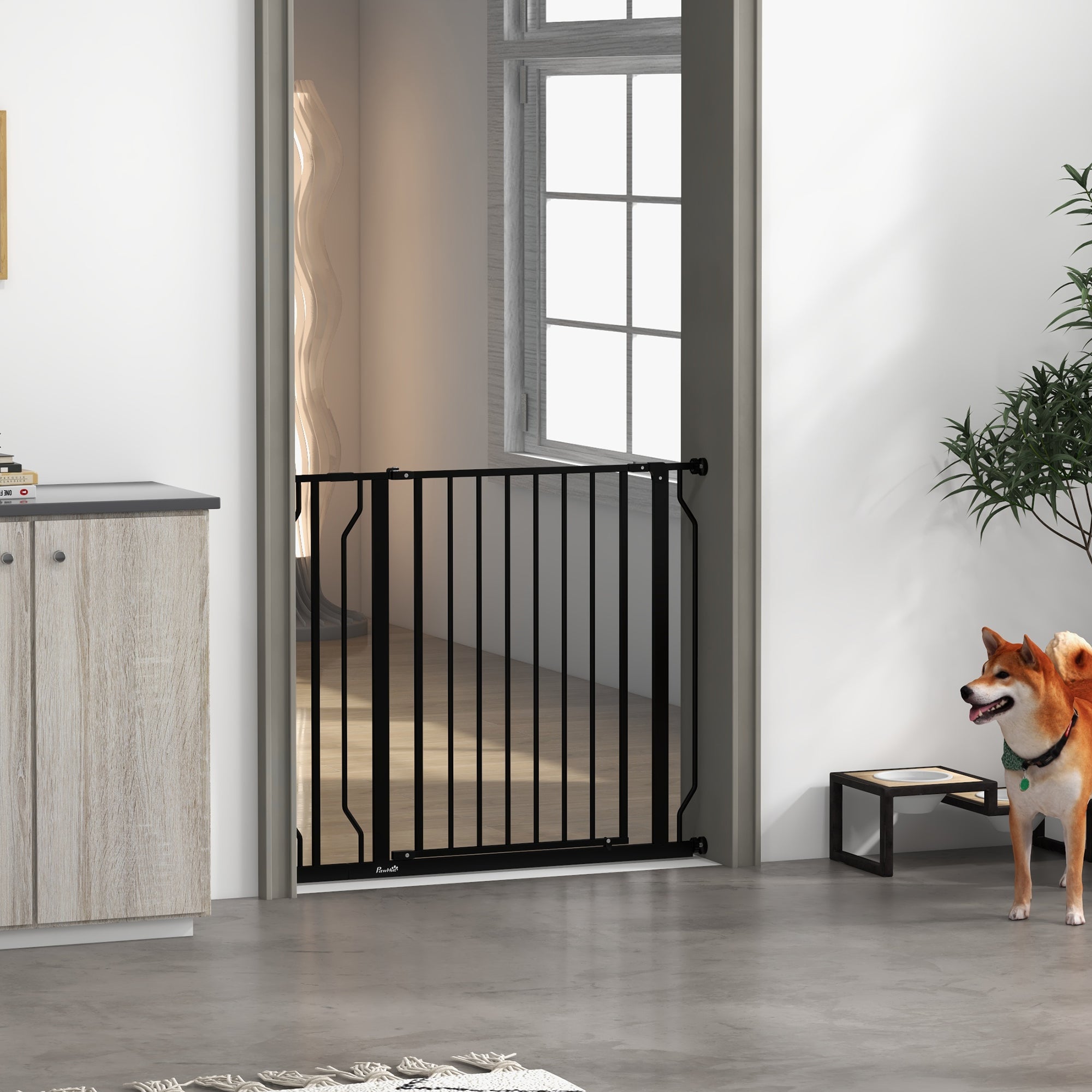 PawHut Dog Gate Wide Stair Gate w/ Door Pressure Fit Pets Barrier for Doorway, Hallway, 76H x 75-95W cm - Black