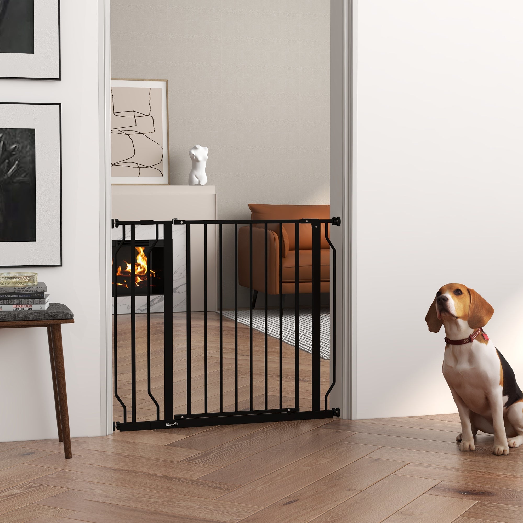 PawHut Dog Gate Wide Stair Gate w/ Door Pressure Fit Pets Barrier for Doorway, Hallway, 76H x 75-95W cm - Black