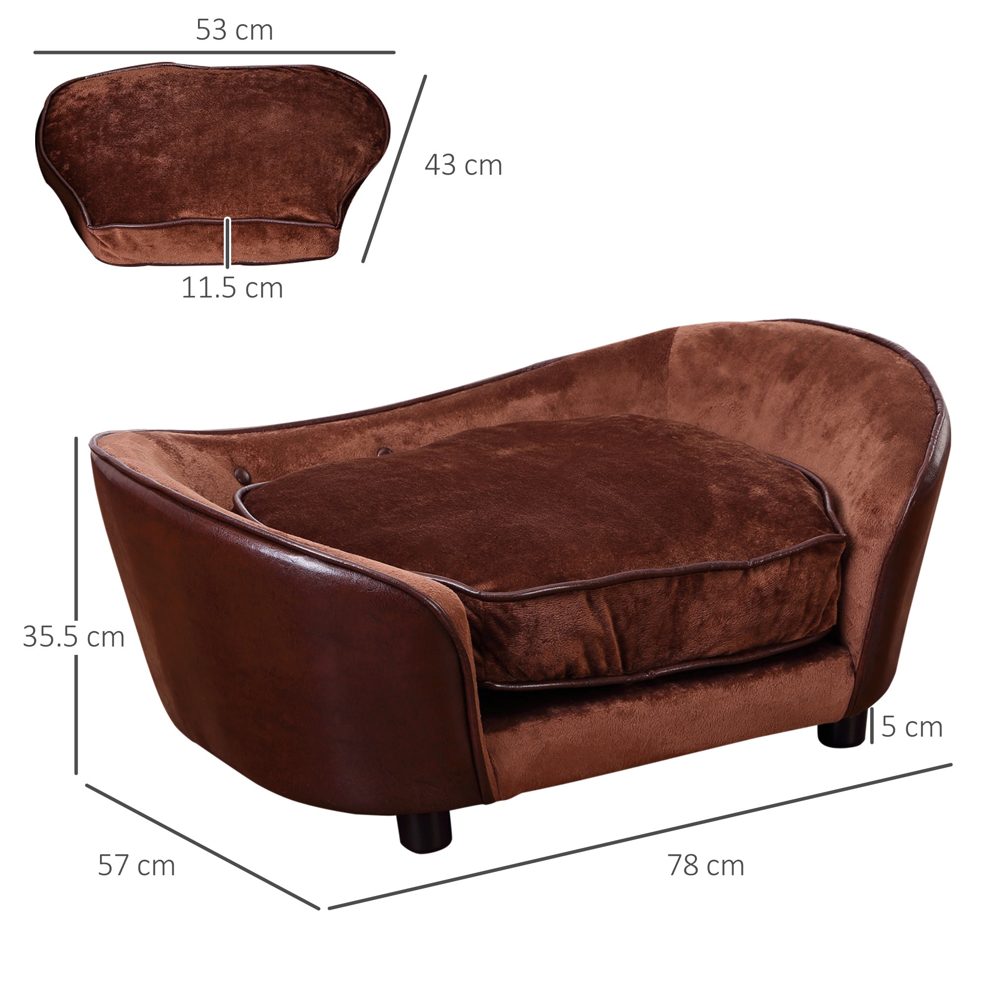 PawHut Dog Sofa Chair with Legs, Pet Couch with Soft Cushion for Small Dogs Cats, Brown, 78 x 57 x 35.5 cm