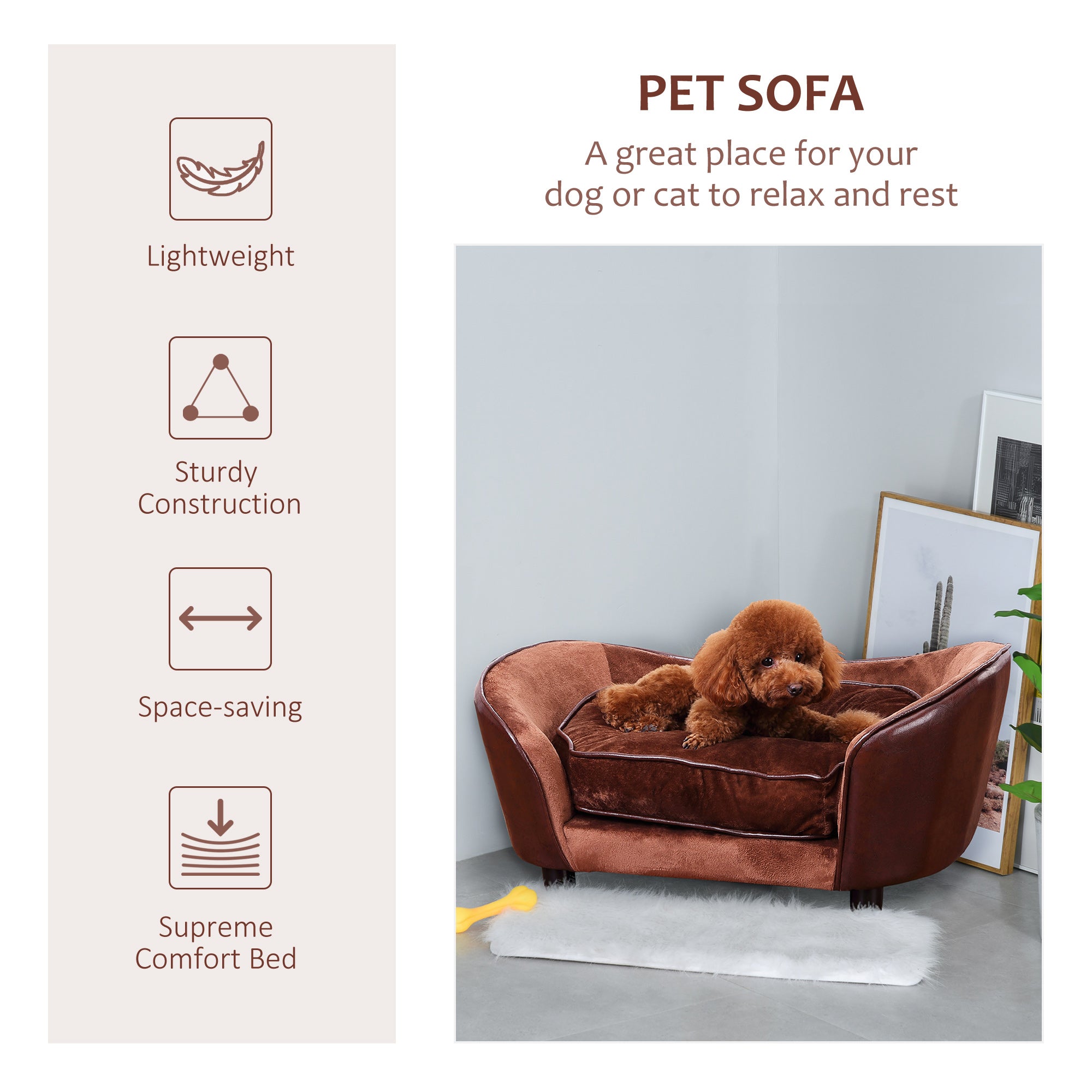 PawHut Dog Sofa Chair with Legs, Pet Couch with Soft Cushion for Small Dogs Cats, Brown, 78 x 57 x 35.5 cm