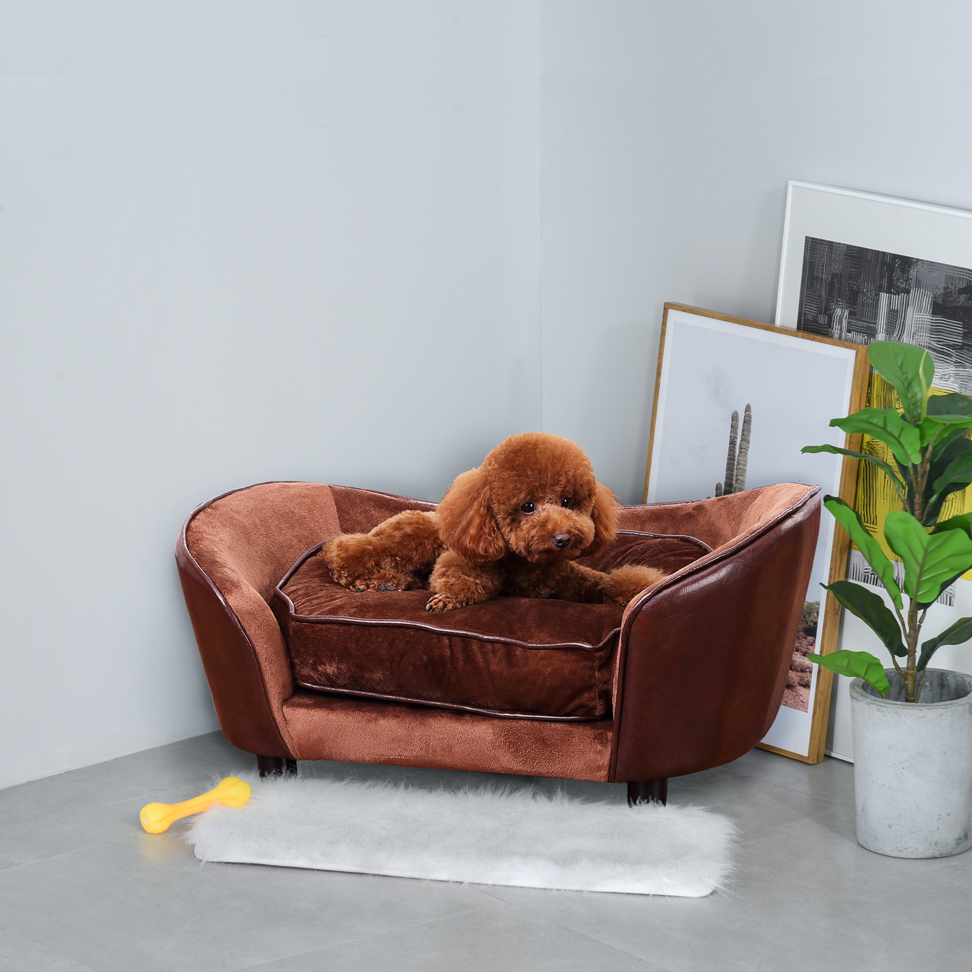 PawHut Dog Sofa Chair with Legs, Pet Couch with Soft Cushion for Small Dogs Cats, Brown, 78 x 57 x 35.5 cm