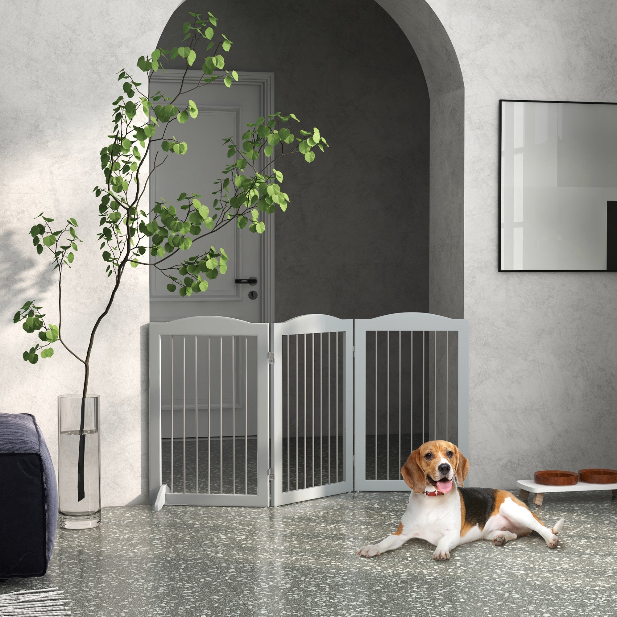 PawHut Foldable Dog Gate, Freestanding Pet Gate, Dog Barrier with Two Support Feet, for Doorways, Stairs, Halls - Grey