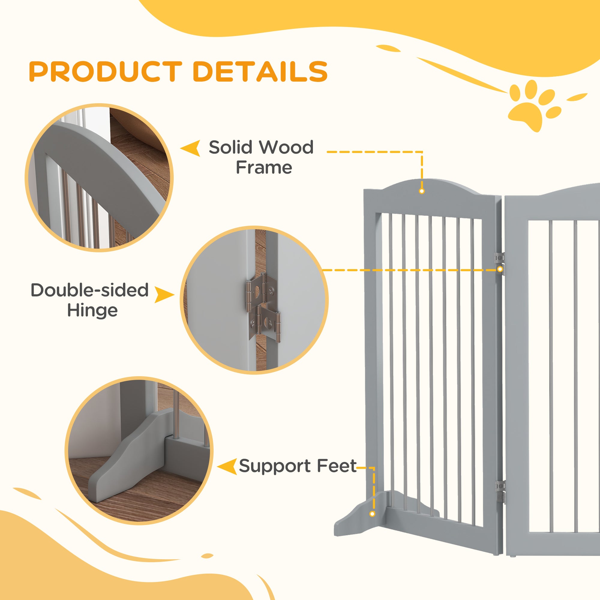 PawHut Foldable Dog Gate, Freestanding Pet Gate, Dog Barrier with Two Support Feet, for Doorways, Stairs, Halls - Grey