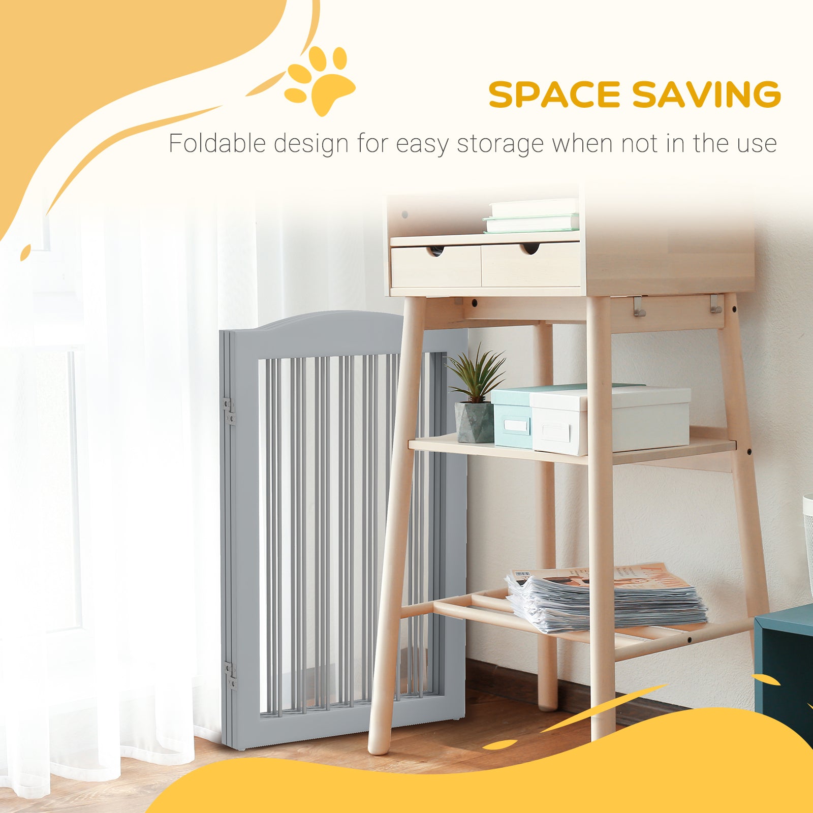 PawHut Foldable Dog Gate, Freestanding Pet Gate, Dog Barrier with Two Support Feet, for Doorways, Stairs, Halls - Grey