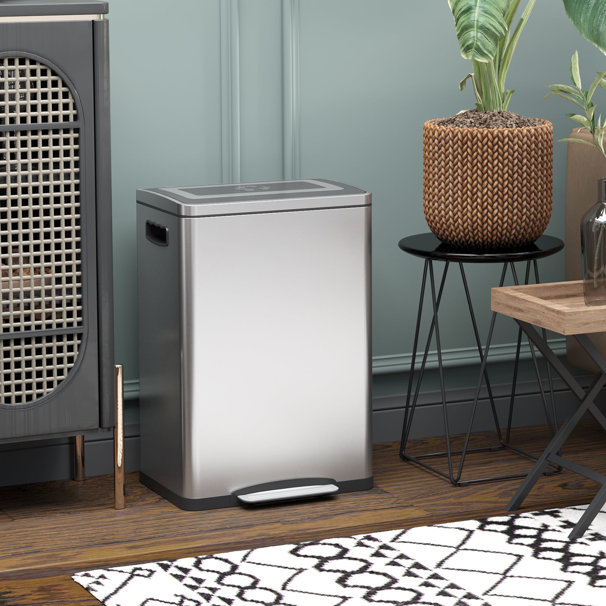 HOMCOM Dual Kitchen Garbage Bin, 2 x 5 Gallon (2 x 20 L) Trash Can with Foot Pedal, Soft-Close Garbage Can with Removable Inner Buckets, Lid, Fingerprint-Proof for Kitchen, Silver