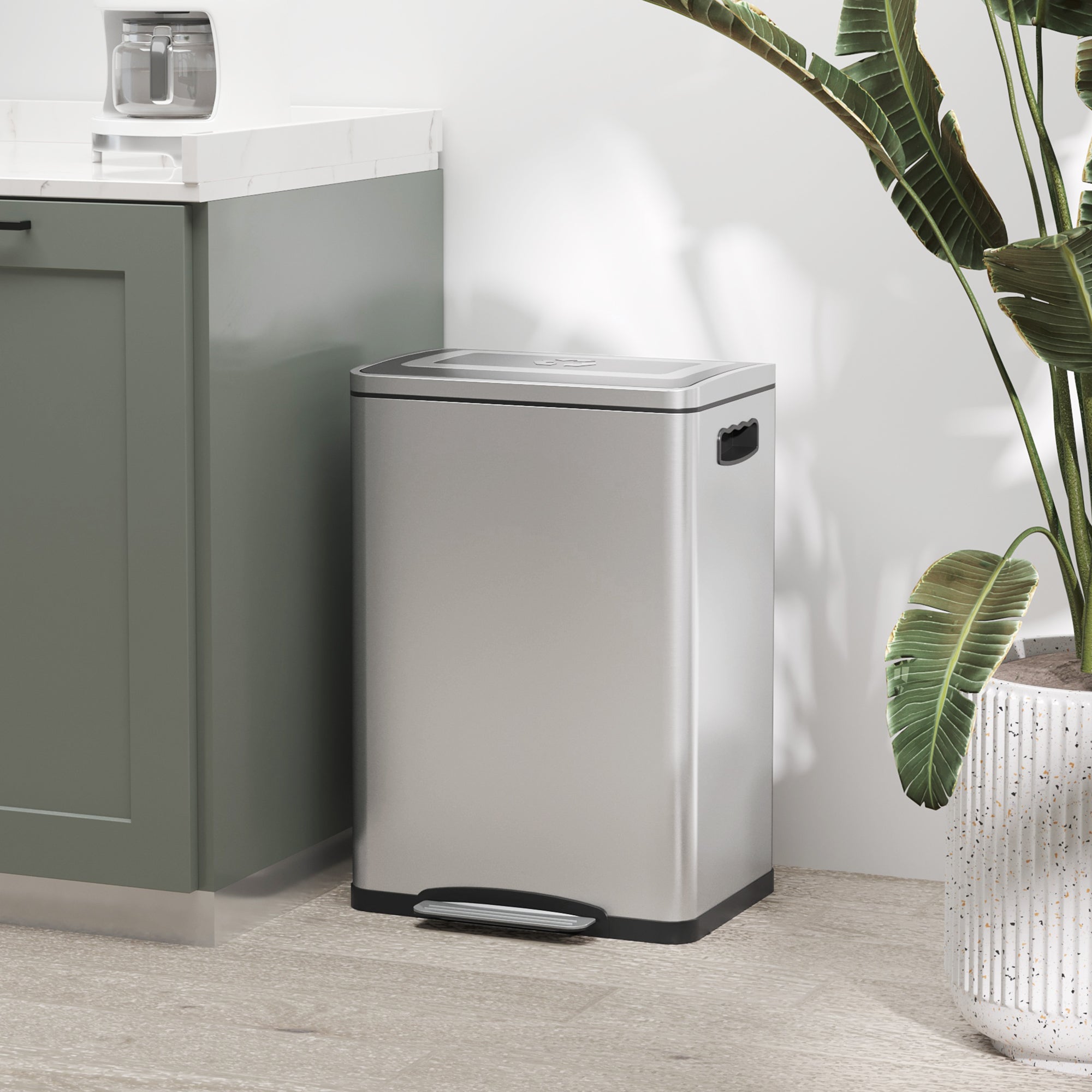 HOMCOM Dual Kitchen Garbage Bin, 2 x 5 Gallon (2 x 20 L) Trash Can with Foot Pedal, Soft-Close Garbage Can with Removable Inner Buckets, Lid, Fingerprint-Proof for Kitchen, Silver