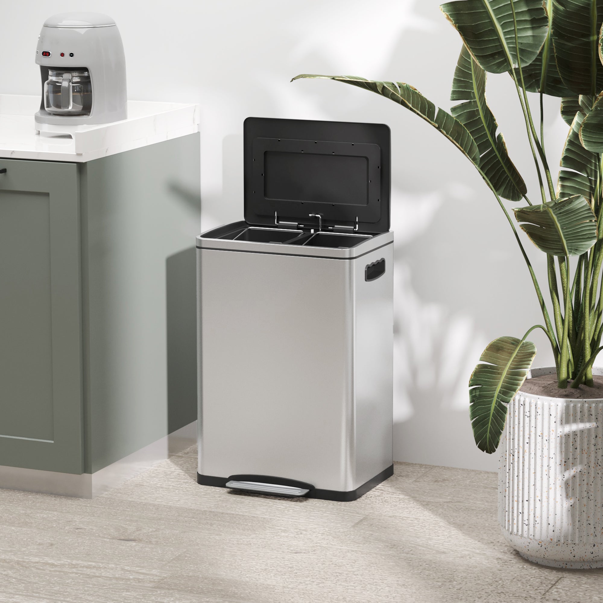 HOMCOM Dual Kitchen Garbage Bin, 2 x 5 Gallon (2 x 20 L) Trash Can with Foot Pedal, Soft-Close Garbage Can with Removable Inner Buckets, Lid, Fingerprint-Proof for Kitchen, Silver