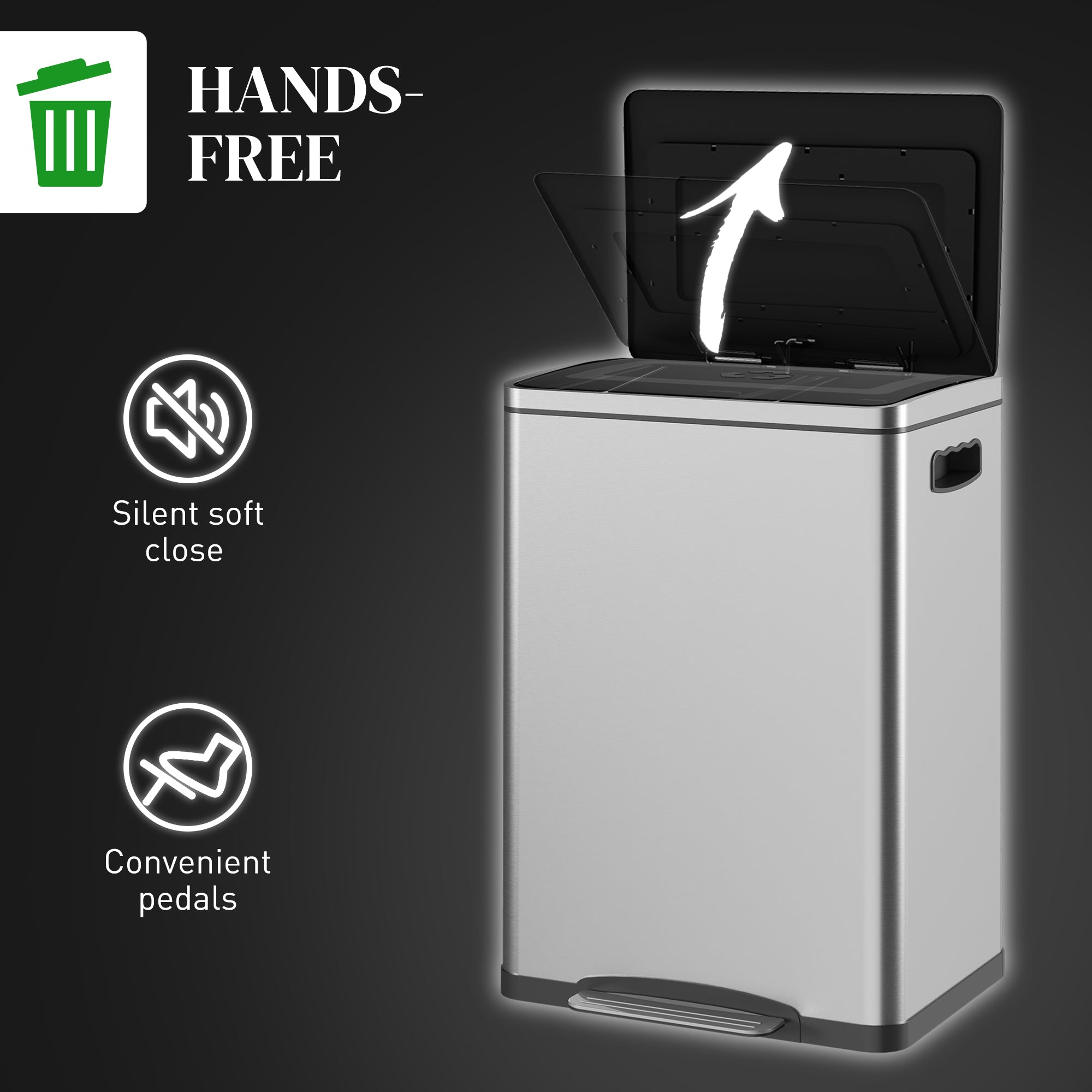 HOMCOM Dual Kitchen Garbage Bin, 2 x 5 Gallon (2 x 20 L) Trash Can with Foot Pedal, Soft-Close Garbage Can with Removable Inner Buckets, Lid, Fingerprint-Proof for Kitchen, Silver