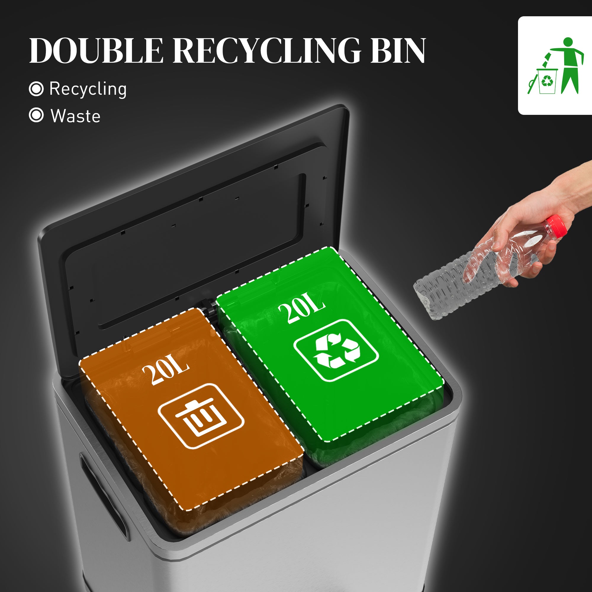 HOMCOM Dual Kitchen Garbage Bin, 2 x 5 Gallon (2 x 20 L) Trash Can with Foot Pedal, Soft-Close Garbage Can with Removable Inner Buckets, Lid, Fingerprint-Proof for Kitchen, Silver