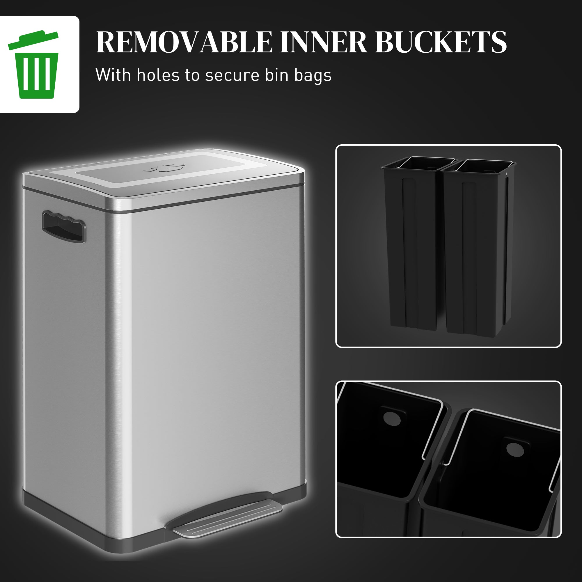 HOMCOM Dual Kitchen Garbage Bin, 2 x 5 Gallon (2 x 20 L) Trash Can with Foot Pedal, Soft-Close Garbage Can with Removable Inner Buckets, Lid, Fingerprint-Proof for Kitchen, Silver