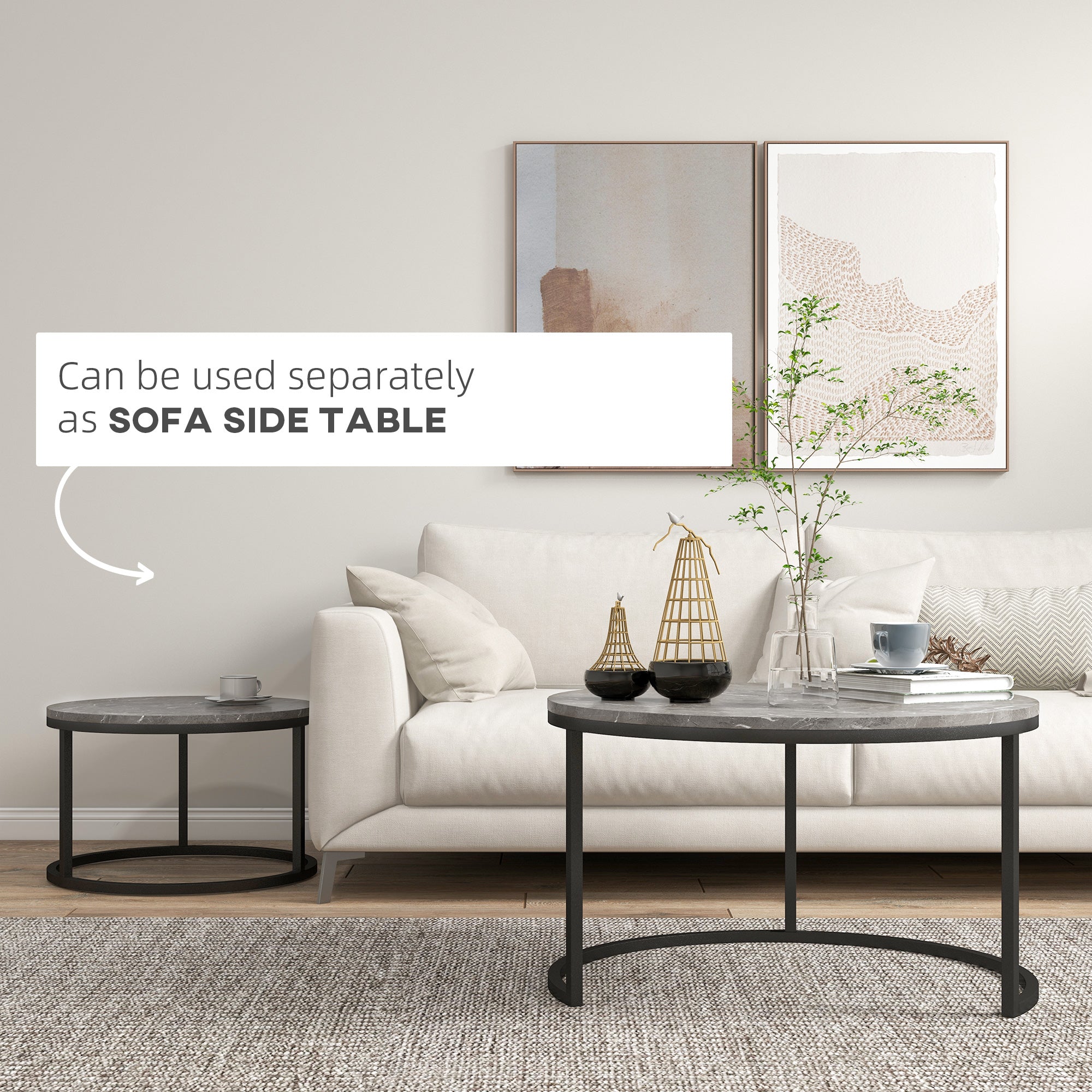 HOMCOM Nesting Tables, 31" Round Coffee Table Set of 2, Modern Side Tables for Living Room with Metal Base, Faux Marbled Grey