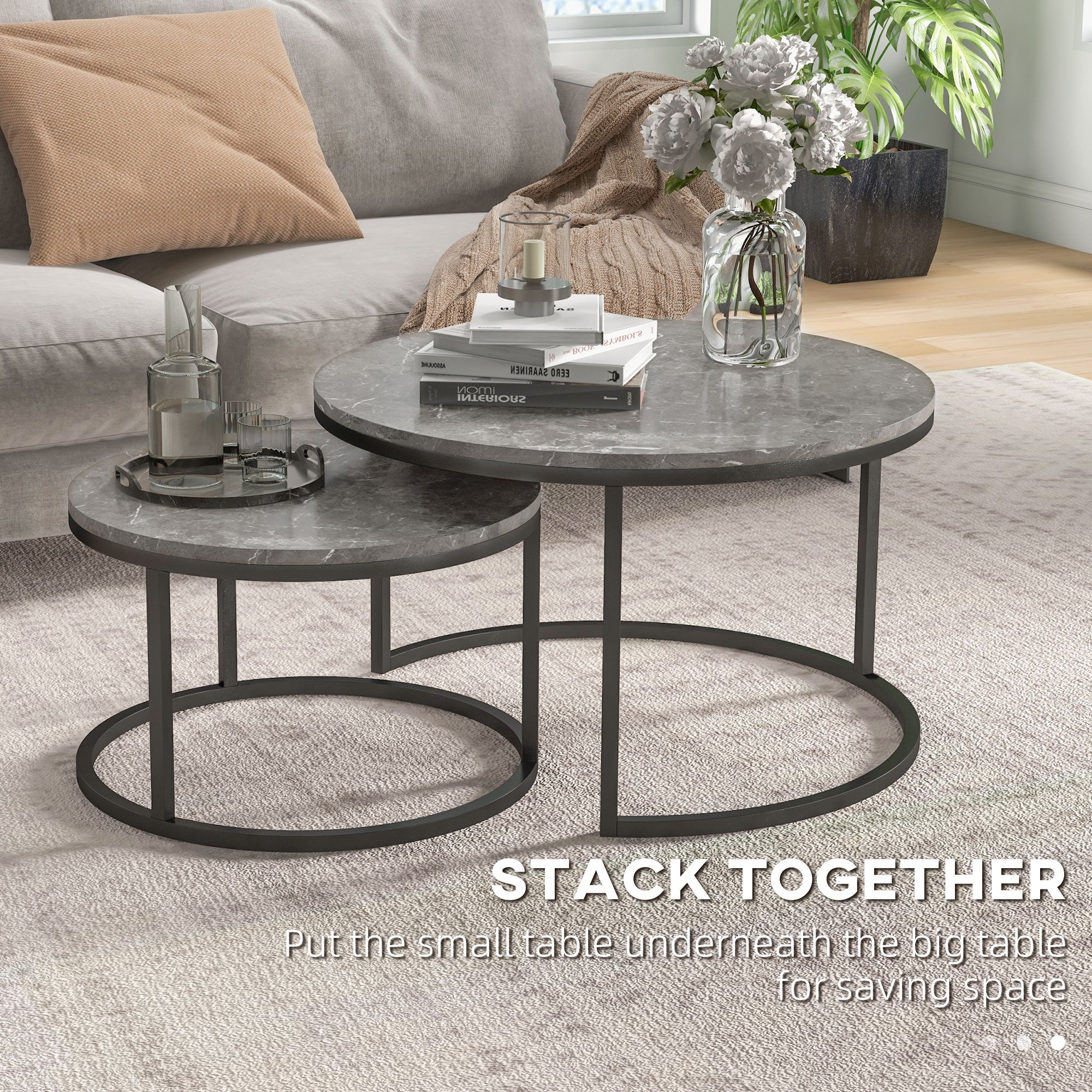 HOMCOM Nesting Tables, 31" Round Coffee Table Set of 2, Modern Side Tables for Living Room with Metal Base, Faux Marbled Grey