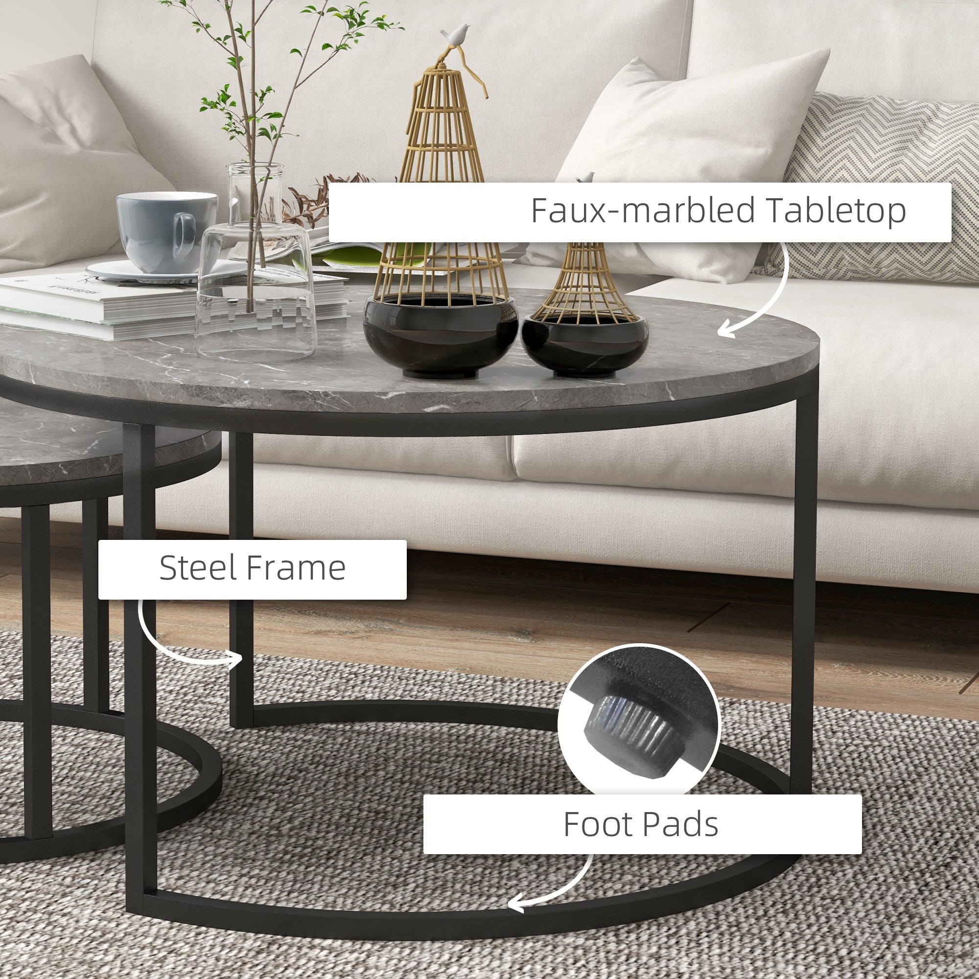 HOMCOM Nesting Tables, 31" Round Coffee Table Set of 2, Modern Side Tables for Living Room with Metal Base, Faux Marbled Grey