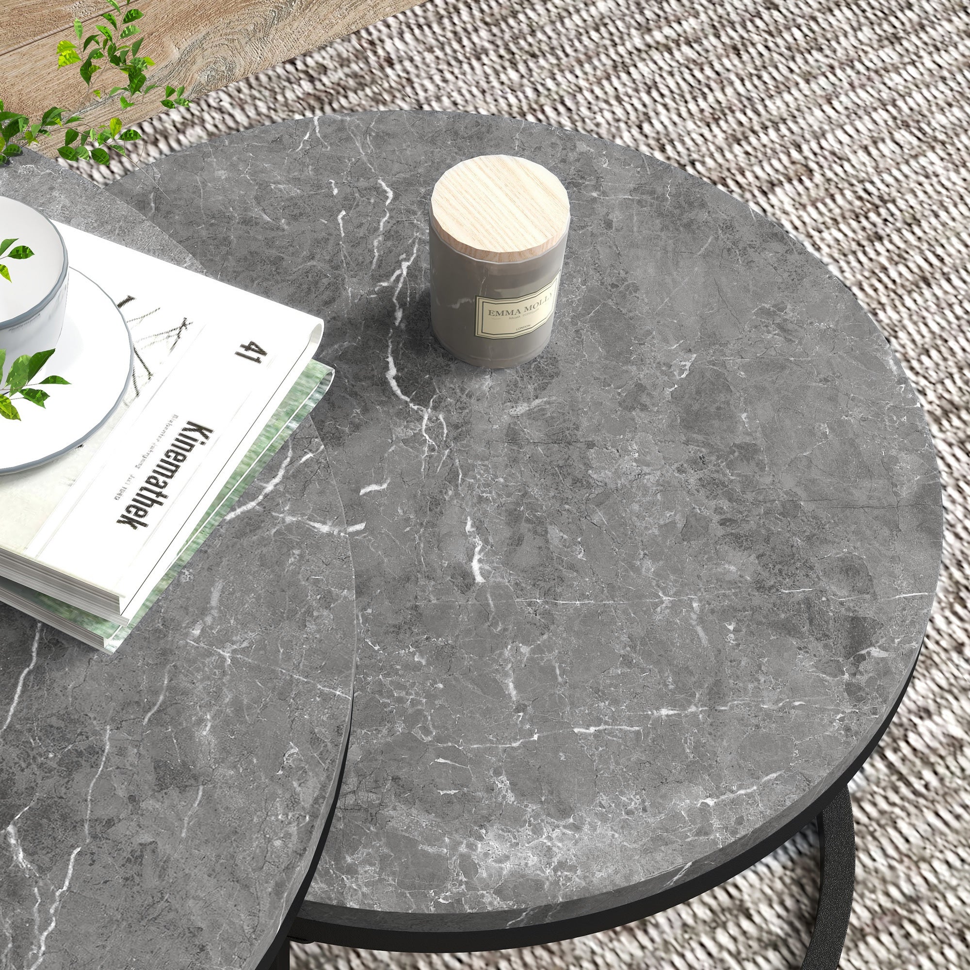 HOMCOM Nesting Tables, 31" Round Coffee Table Set of 2, Modern Side Tables for Living Room with Metal Base, Faux Marbled Grey