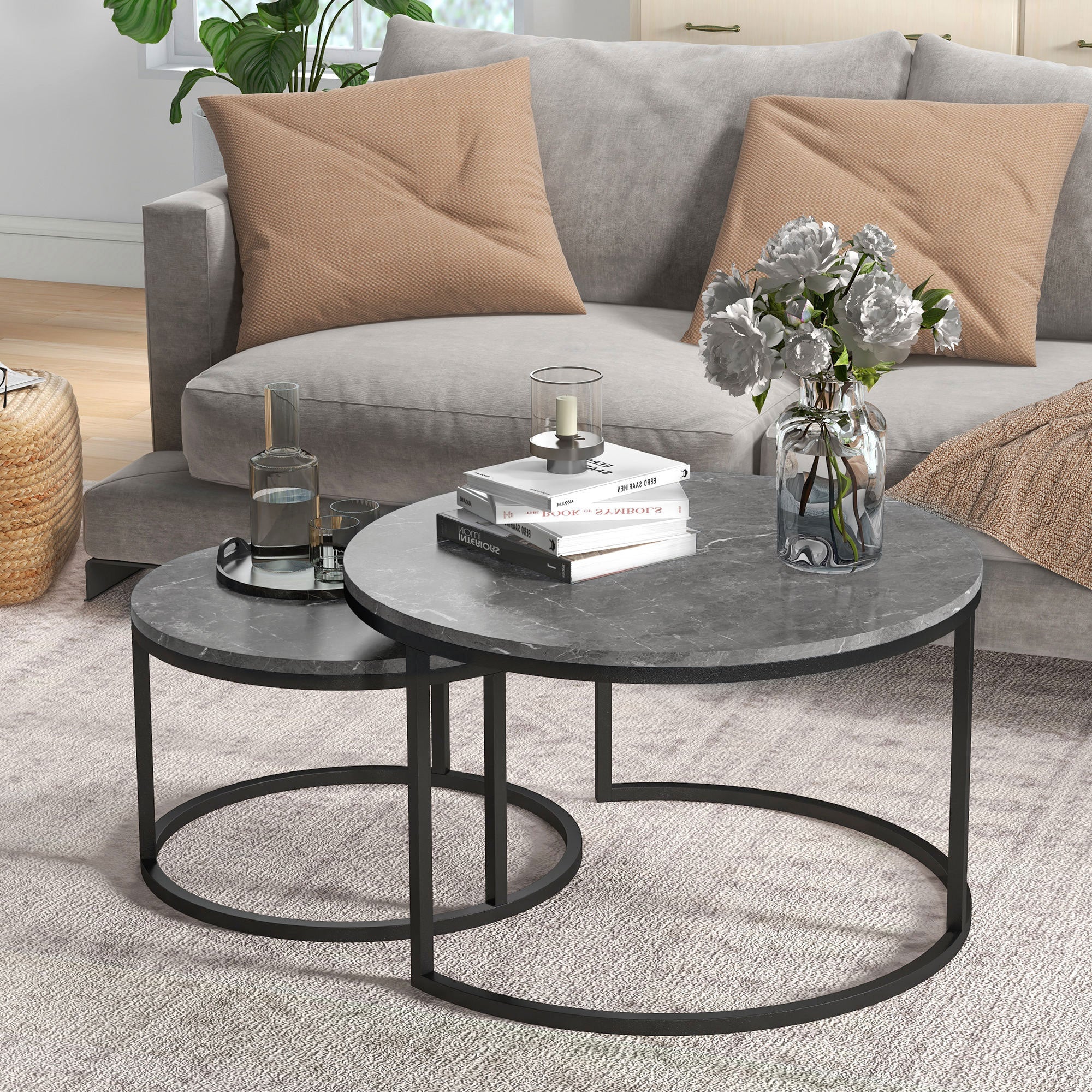 HOMCOM Nesting Tables, 31" Round Coffee Table Set of 2, Modern Side Tables for Living Room with Metal Base, Faux Marbled Grey