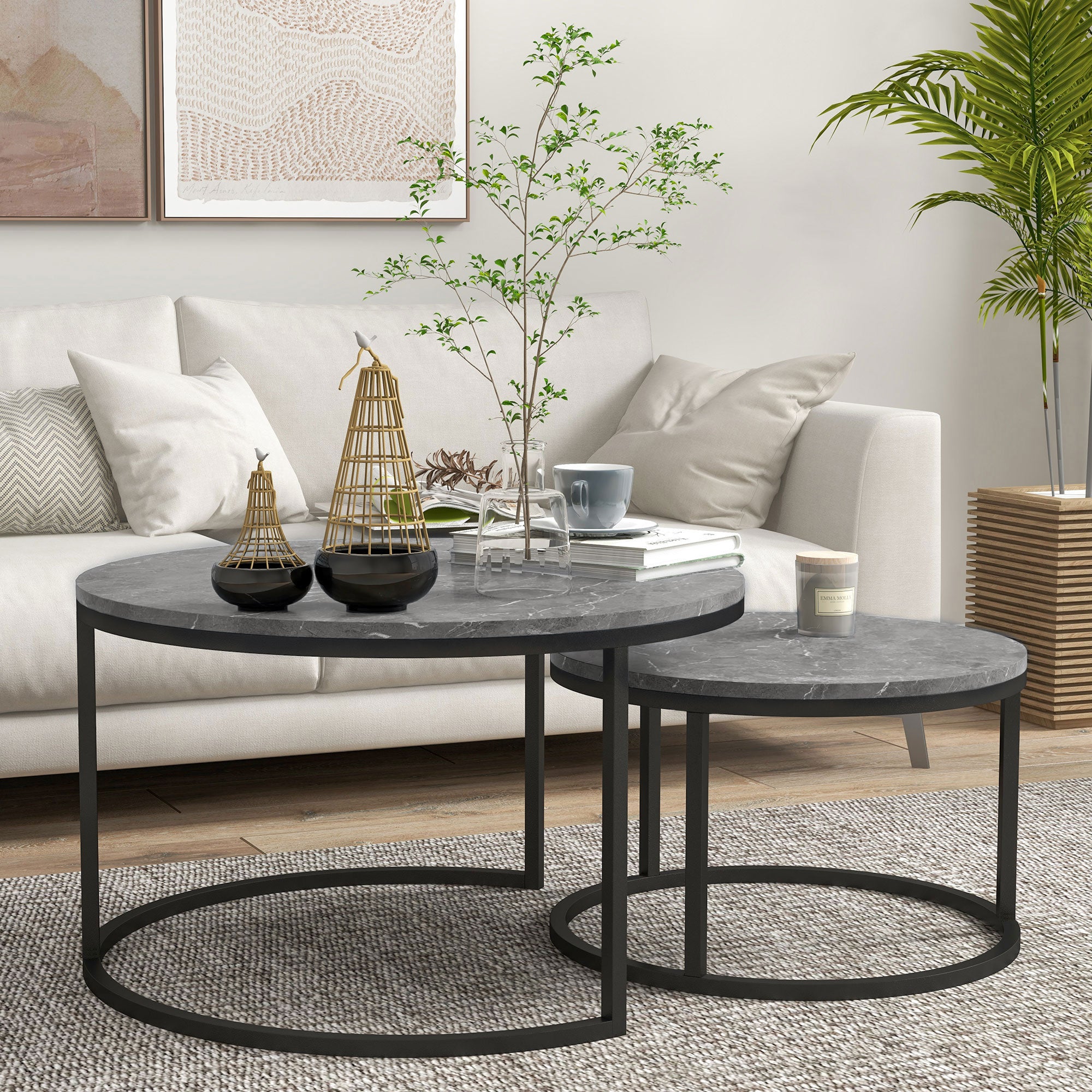 HOMCOM Nesting Tables, 31" Round Coffee Table Set of 2, Modern Side Tables for Living Room with Metal Base, Faux Marbled Grey