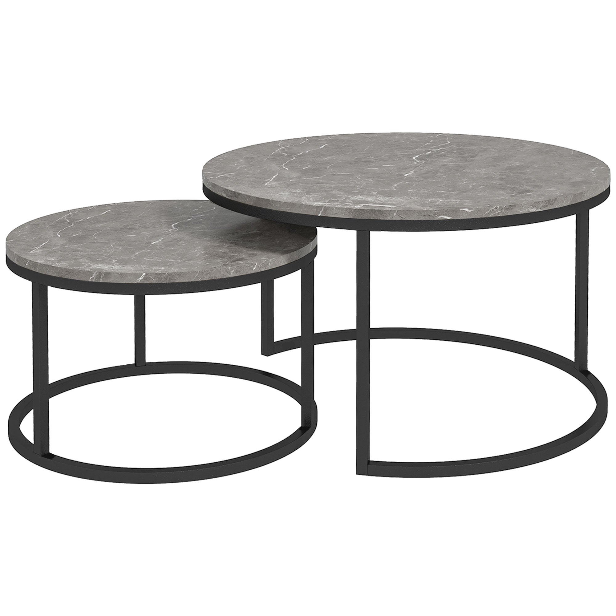 HOMCOM Nesting Tables, 31" Round Coffee Table Set of 2, Modern Side Tables for Living Room with Metal Base, Faux Marbled Grey