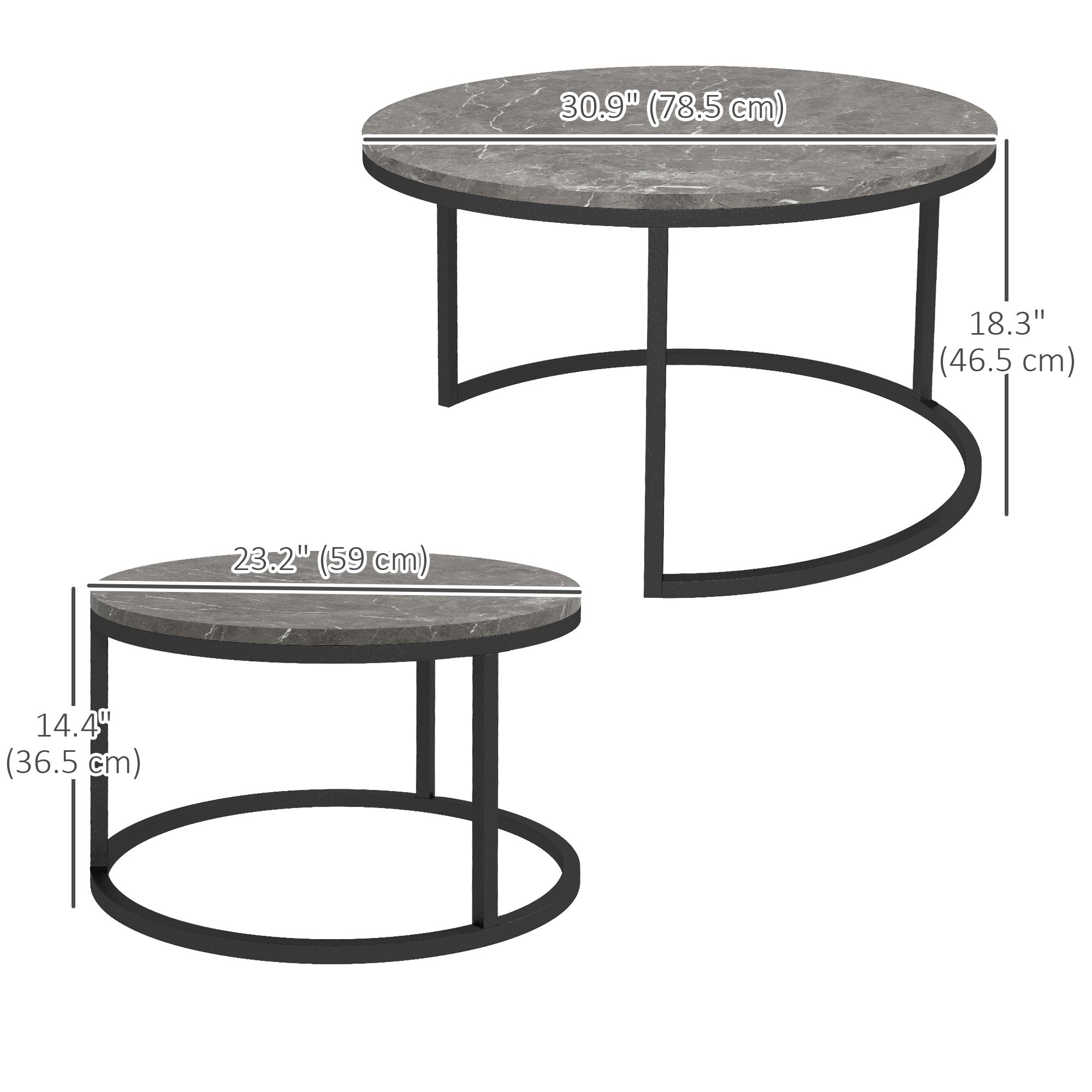 HOMCOM Nesting Tables, 31" Round Coffee Table Set of 2, Modern Side Tables for Living Room with Metal Base, Faux Marbled Grey