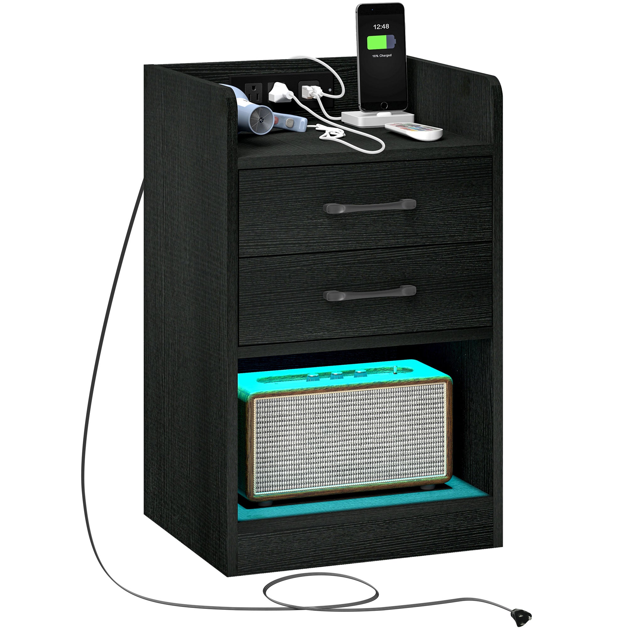 HOMCOM Bedside Table with LED Lights and Charging Station, Nightstand with AC and USB Power Outlets, End Table with Storage Shelf, 2 Drawers and Remote for Bedroom, Black