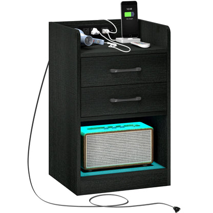 HOMCOM Bedside Table with LED Lights and Charging Station, Nightstand with AC and USB Power Outlets, End Table with Storage Shelf, 2 Drawers and Remote for Bedroom, Black