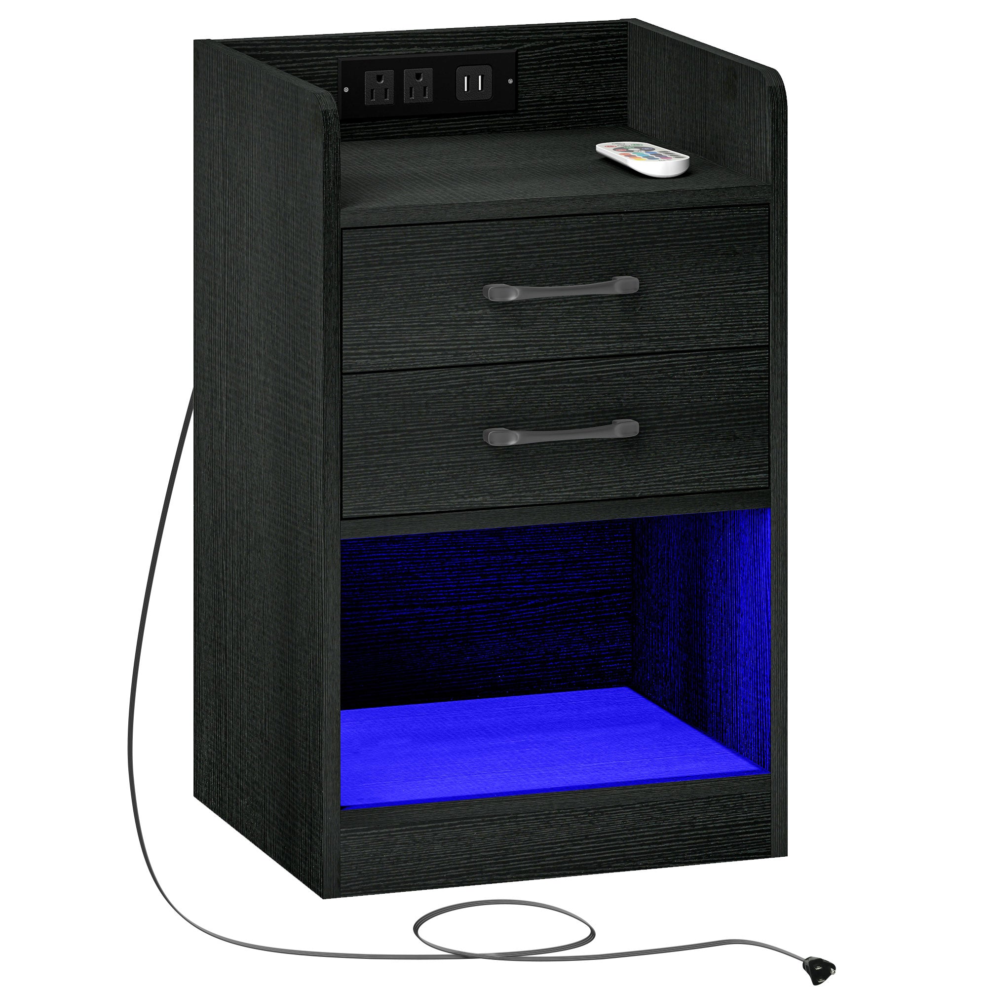 HOMCOM Bedside Table with LED Lights and Charging Station, Nightstand with AC and USB Power Outlets, End Table with Storage Shelf, 2 Drawers and Remote for Bedroom, Black