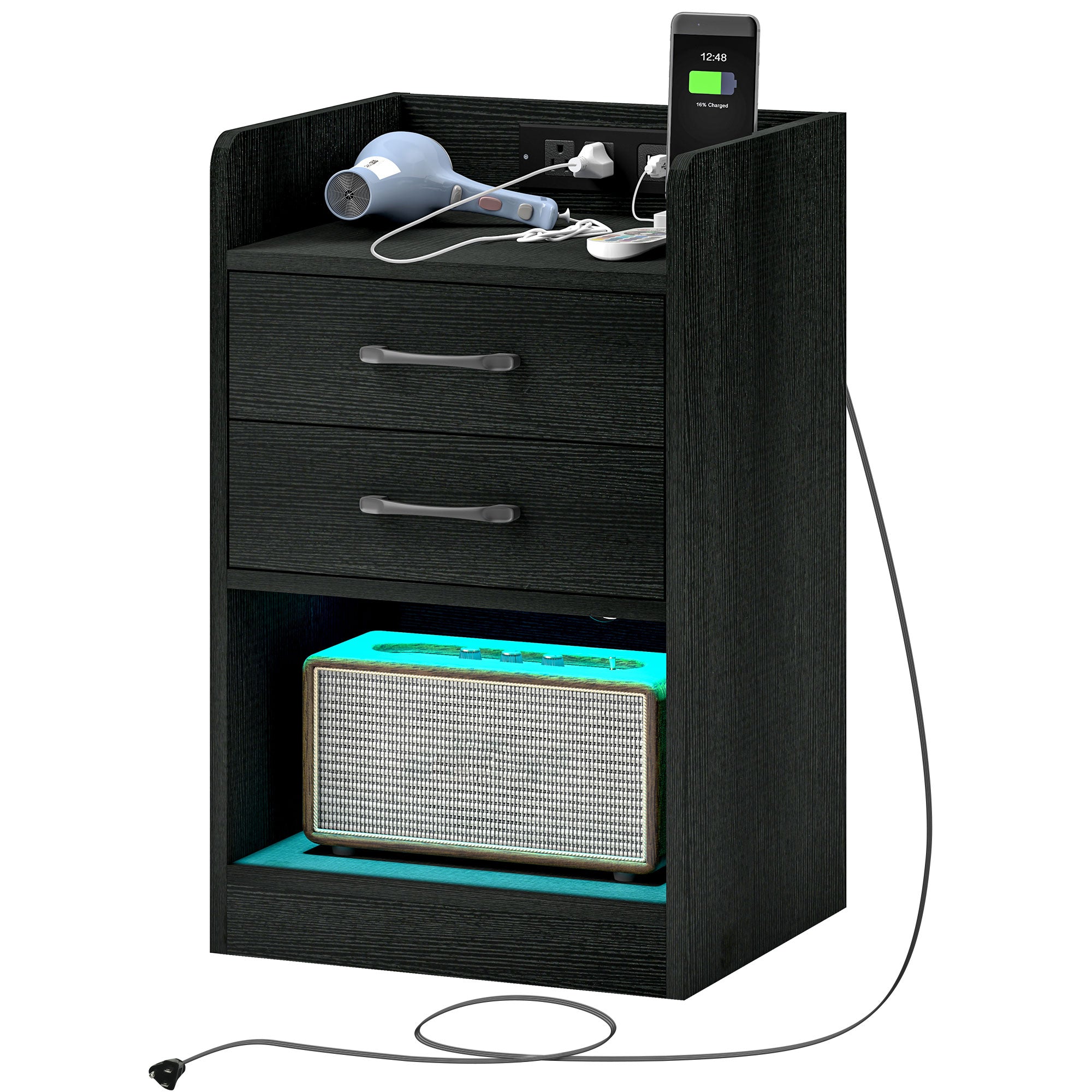 HOMCOM Bedside Table with LED Lights and Charging Station, Nightstand with AC and USB Power Outlets, End Table with Storage Shelf, 2 Drawers and Remote for Bedroom, Black