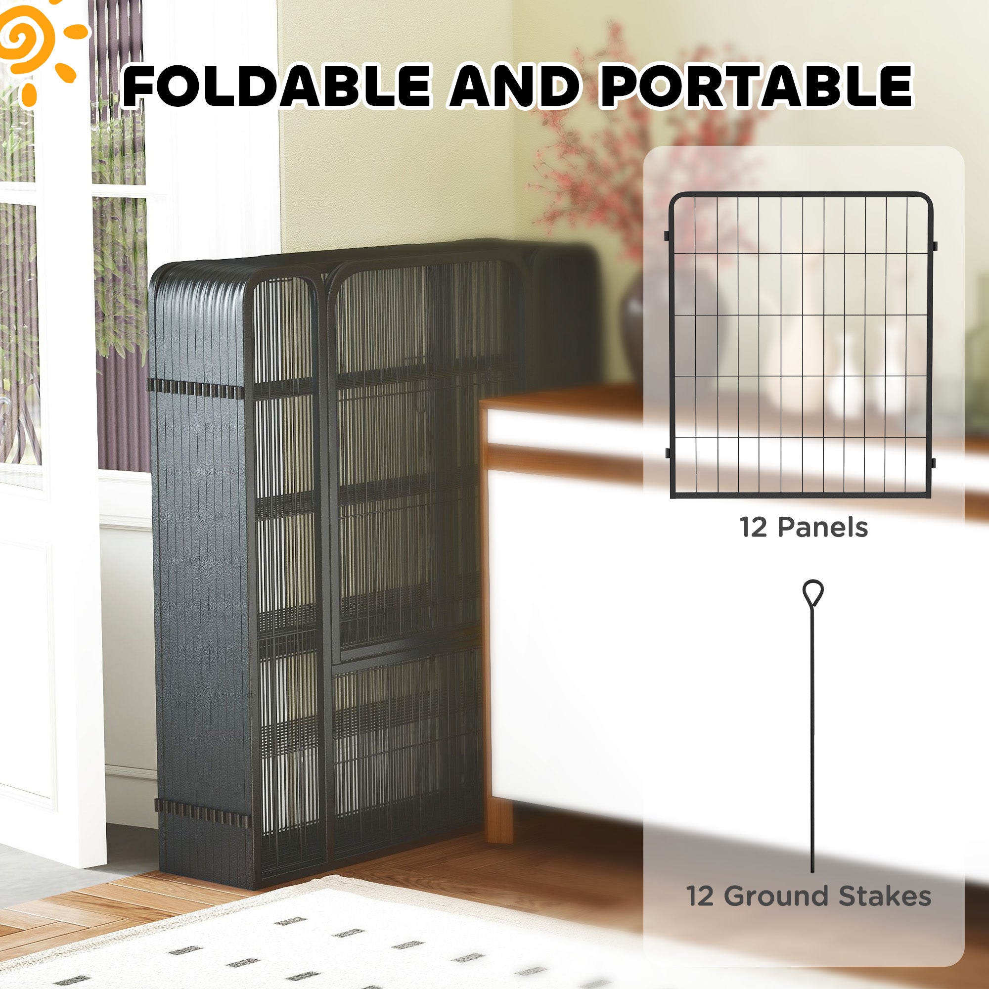 PawHut Dog Pen, 12 Panels Puppy Pen, Heavy Duty Dog Playpen, Portable Detachable Dog Exercise Pen Animal Enclosure for Medium Dogs, 80cm High, Black