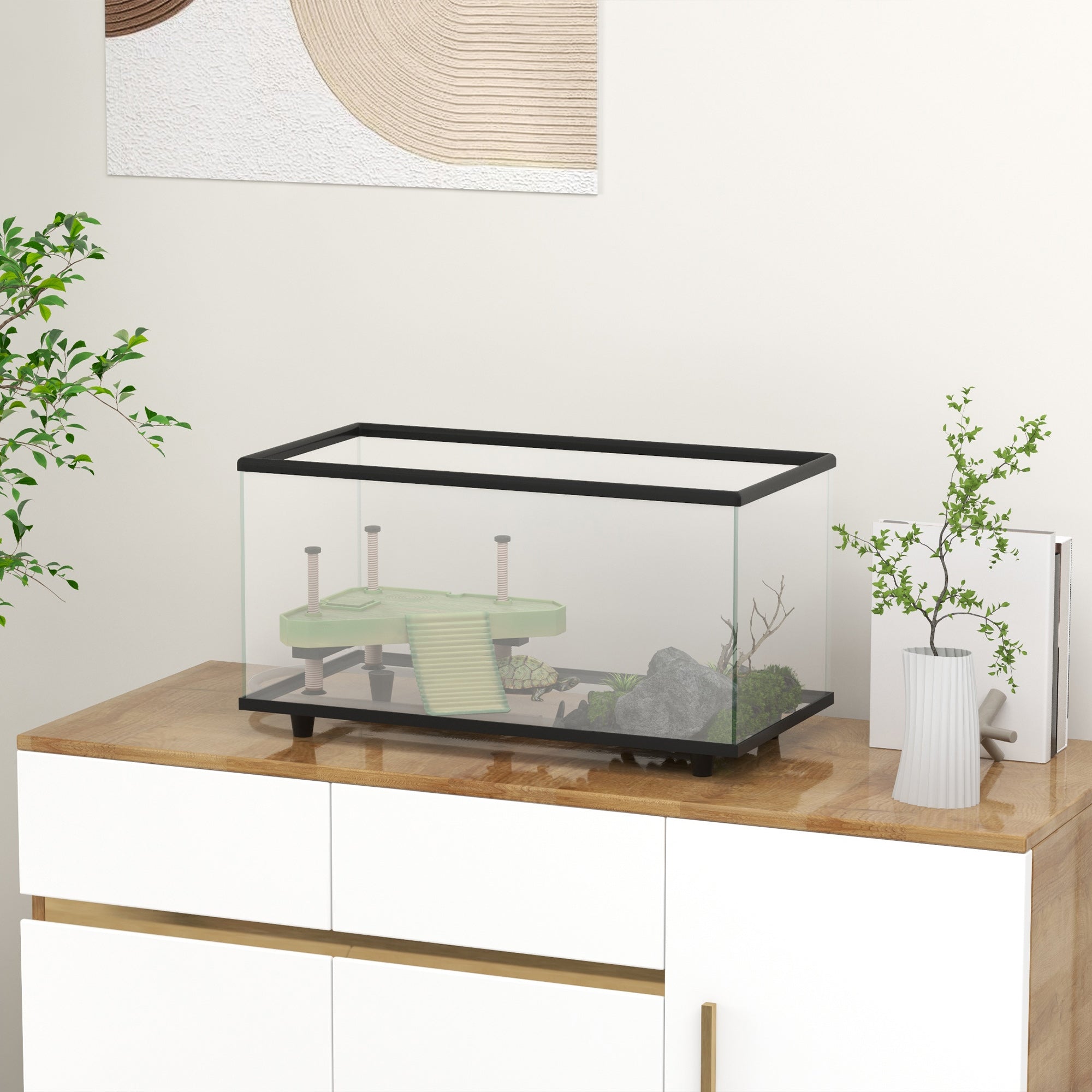 PawHut Turtle Tank, 50L Glass Turtle Aquarium with Basking Platform, Ramp, Easy Drainage, Strip Patch Thermometer, for Small Turtles, 60 x 30 x 32cm