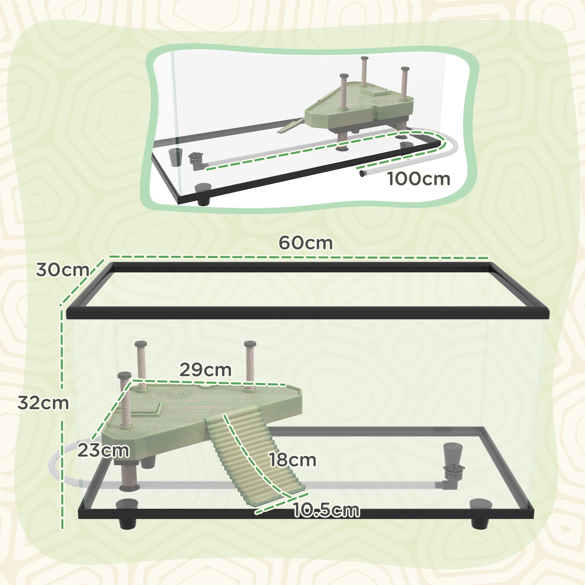 PawHut Turtle Tank, 50L Glass Turtle Aquarium with Basking Platform, Ramp, Easy Drainage, Strip Patch Thermometer, for Small Turtles, 60 x 30 x 32cm