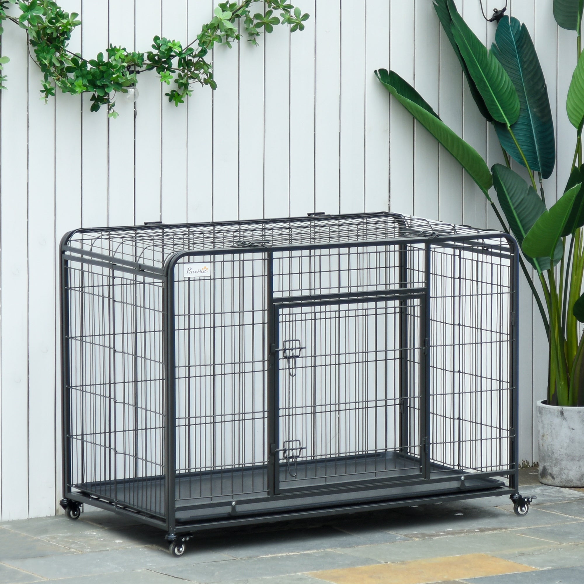 PawHut Folding Heavy Duty Dog Crate Heavy Duty Cage for Medium Sized Dogs with Double Doors, Lockable Wheels Tray, 37