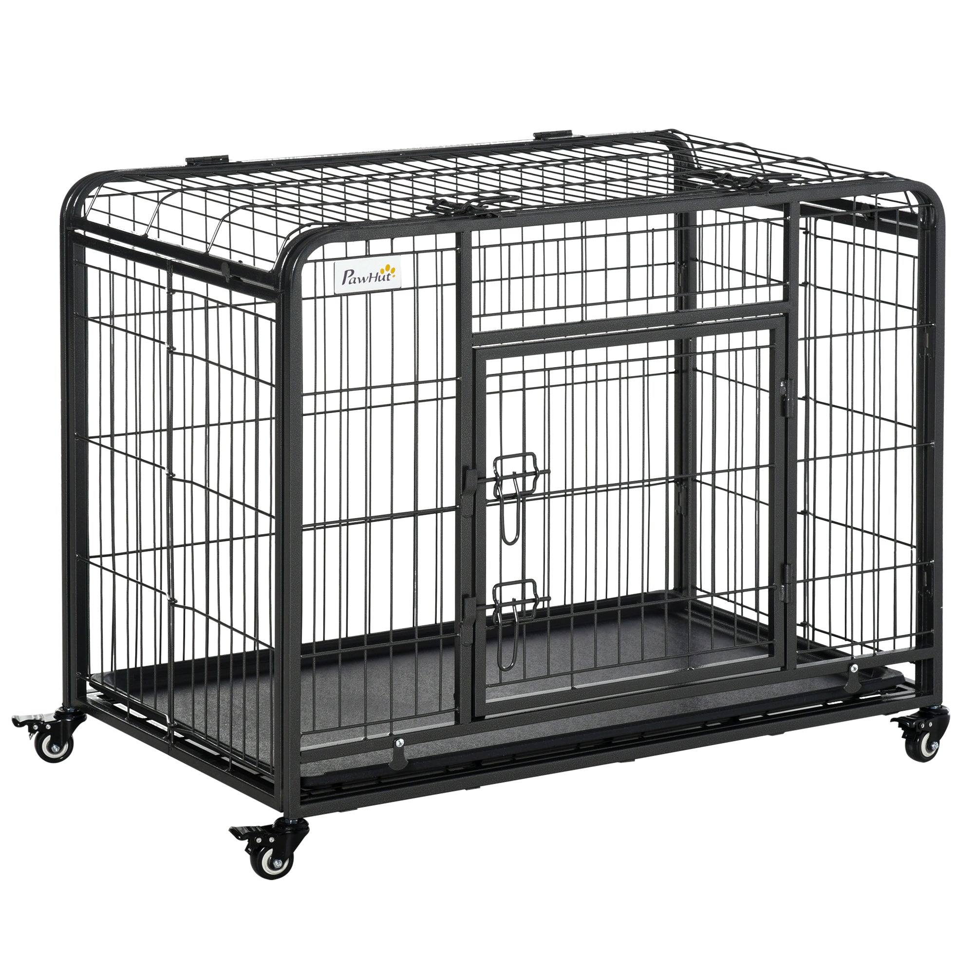 PawHut Folding Heavy Duty Dog Crate Heavy Duty Cage for Medium Sized Dogs with Double Doors, Lockable Wheels Tray, 37