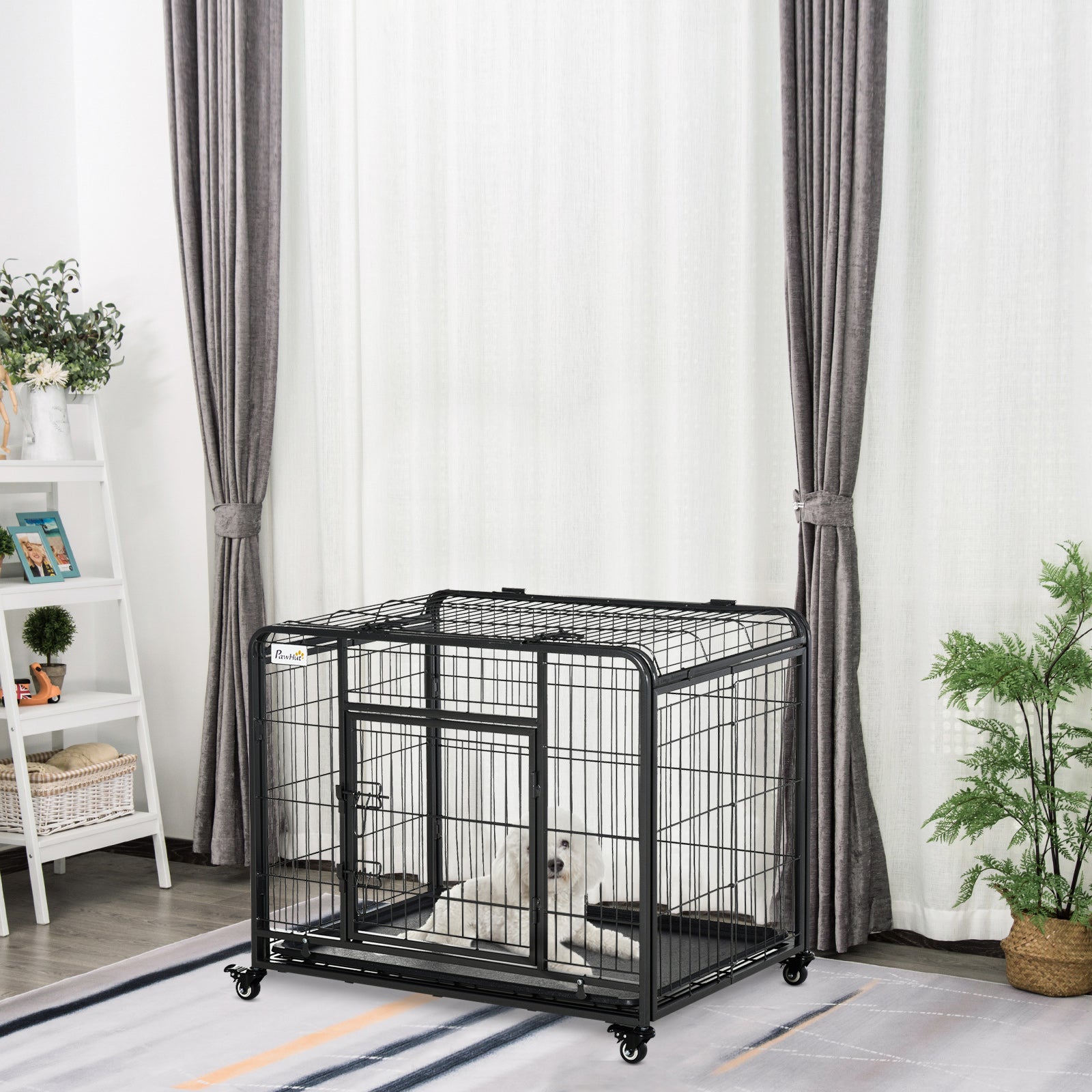 PawHut Folding Heavy Duty Dog Crate Heavy Duty Cage for Medium Sized Dogs with Double Doors, Lockable Wheels Tray, 37