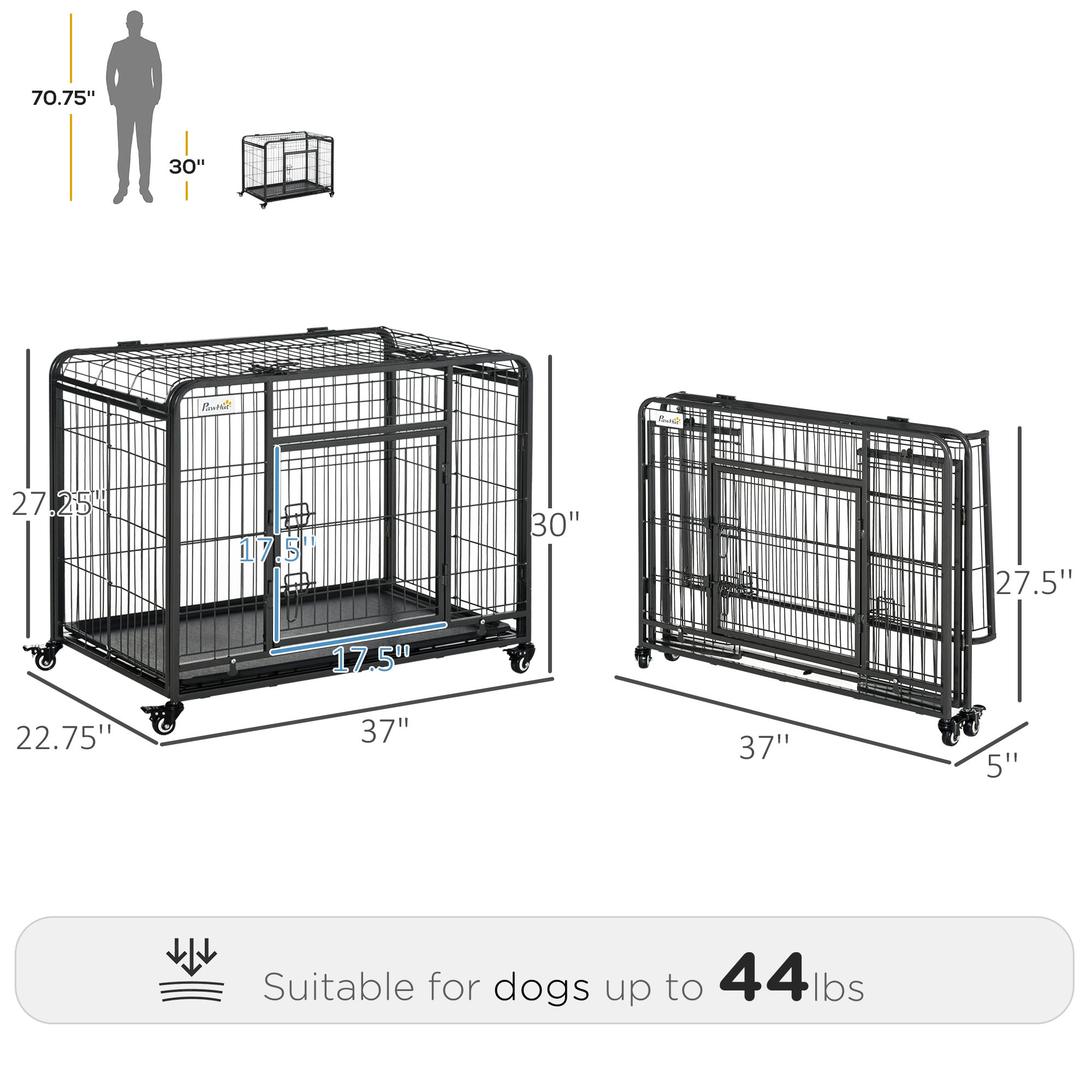 PawHut Folding Heavy Duty Dog Crate Heavy Duty Cage for Medium Sized Dogs with Double Doors, Lockable Wheels Tray, 37