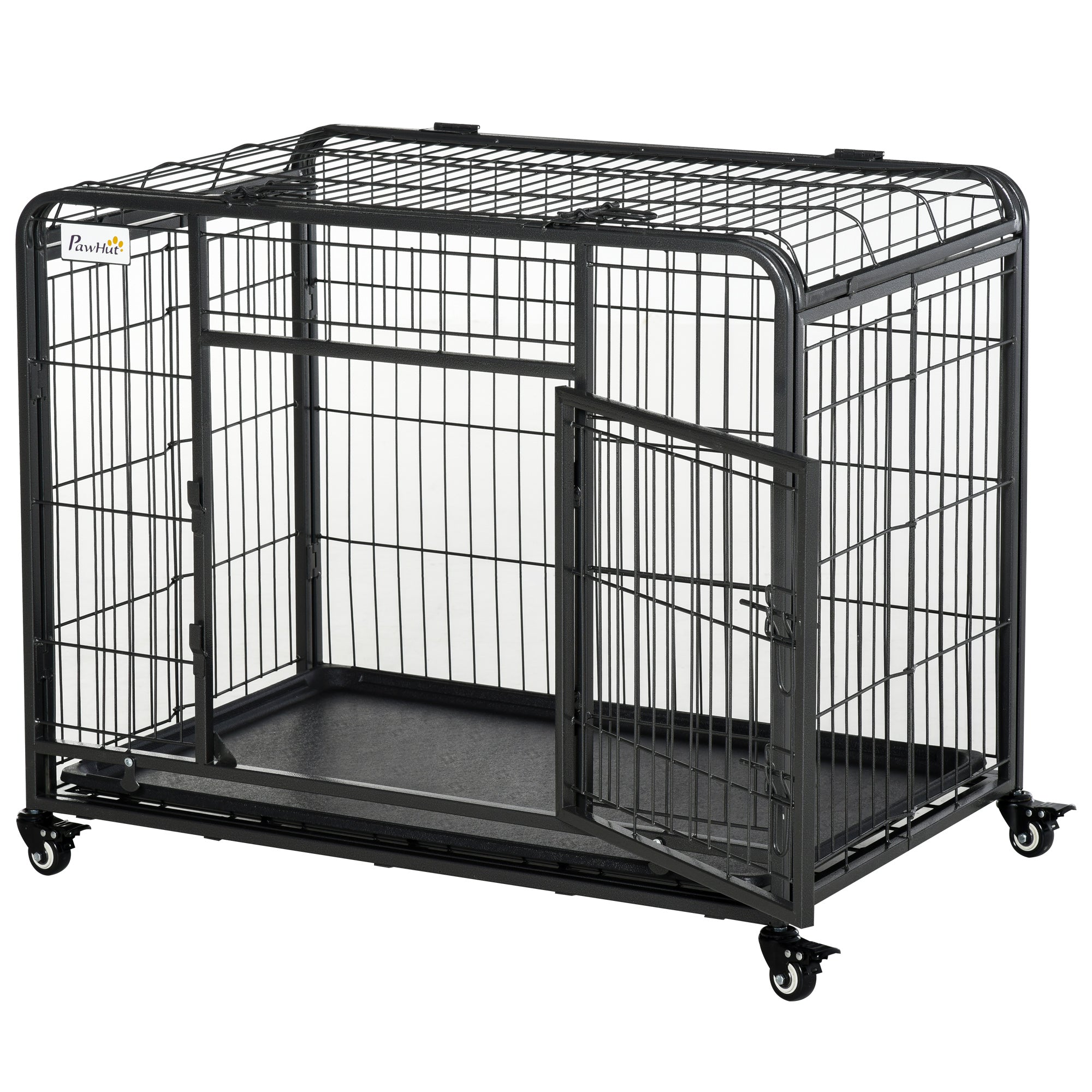 PawHut Folding Heavy Duty Dog Crate Heavy Duty Cage for Medium Sized Dogs with Double Doors, Lockable Wheels Tray, 37