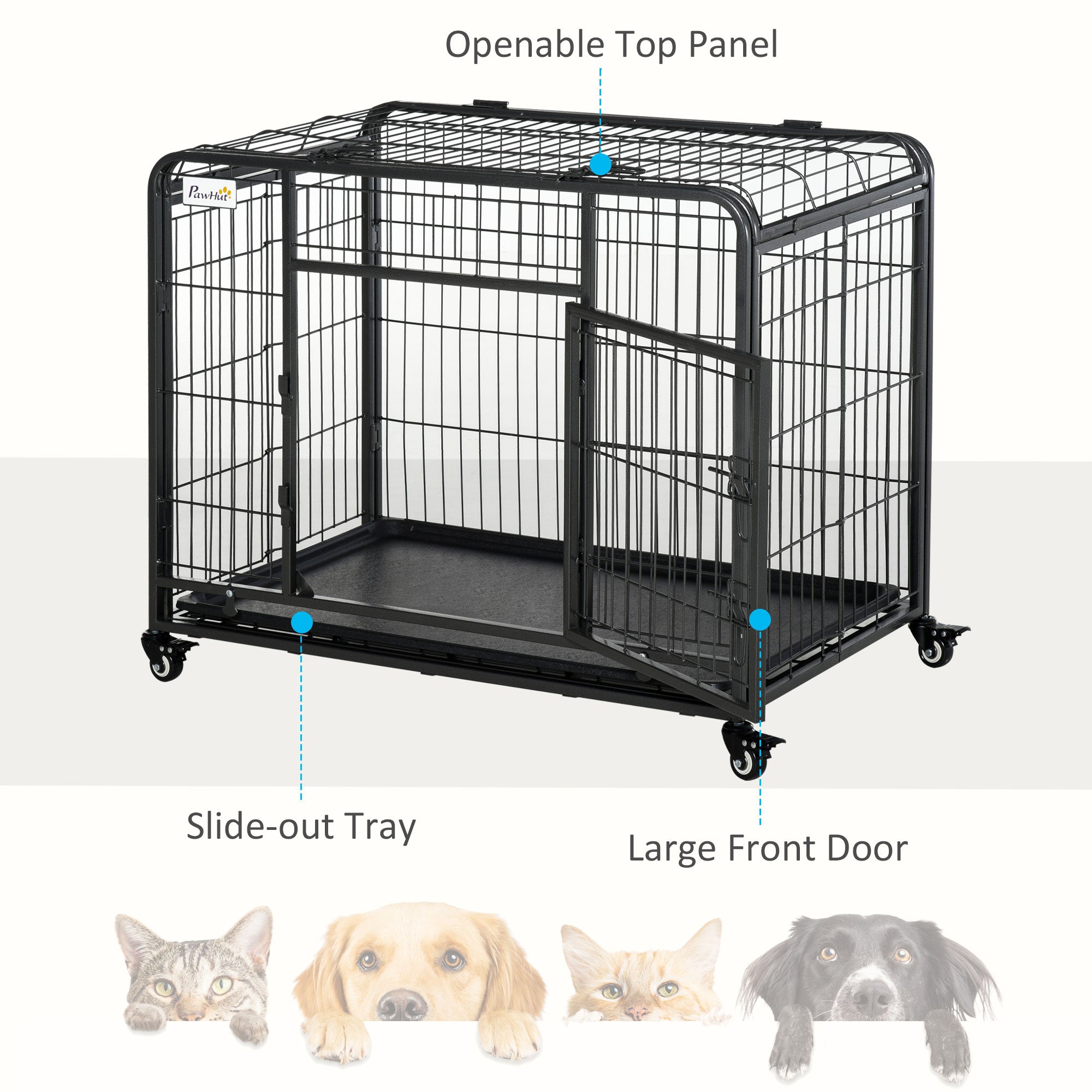PawHut Folding Heavy Duty Dog Crate Heavy Duty Cage for Medium Sized Dogs with Double Doors, Lockable Wheels Tray, 37