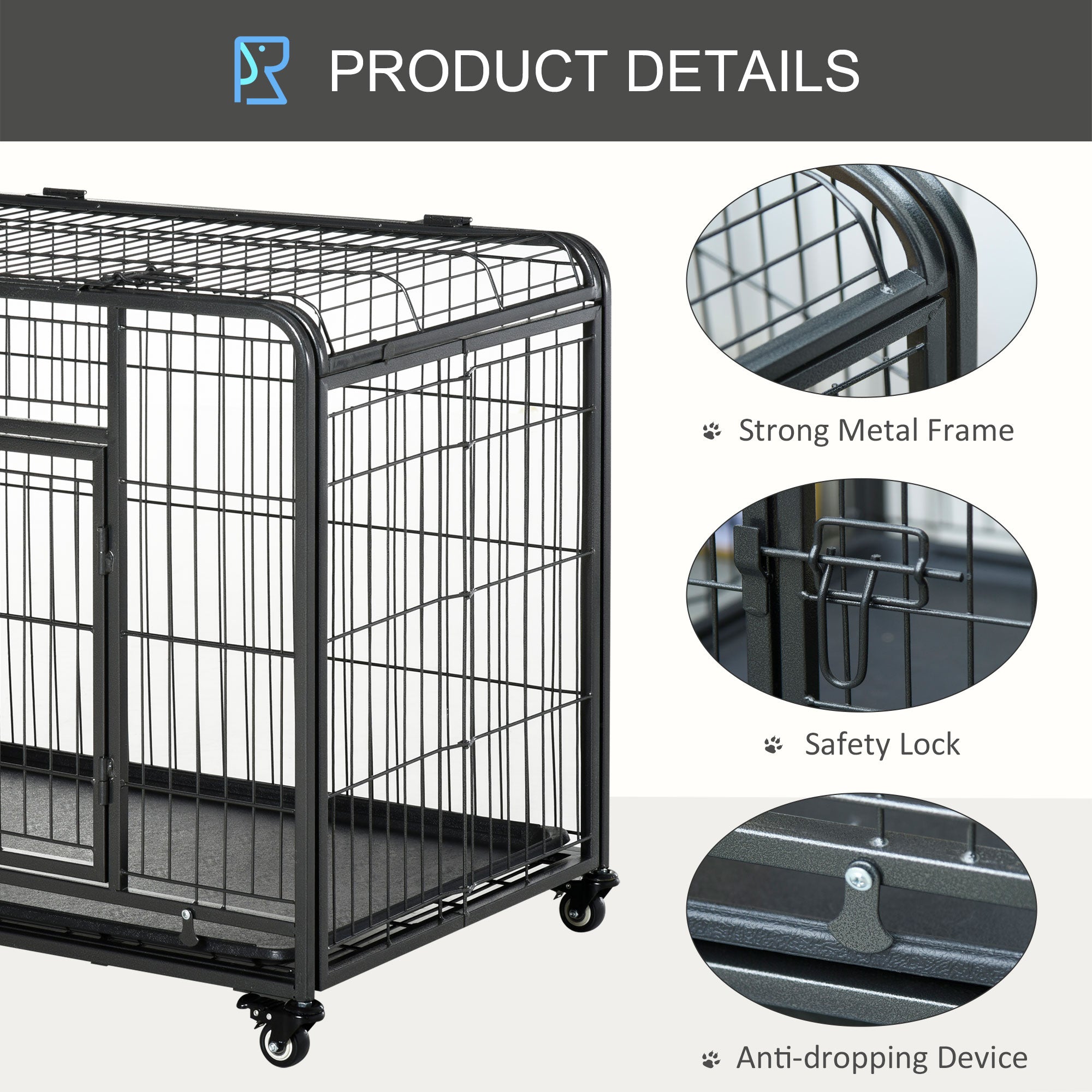 PawHut Folding Heavy Duty Dog Crate Heavy Duty Cage for Medium Sized Dogs with Double Doors, Lockable Wheels Tray, 37