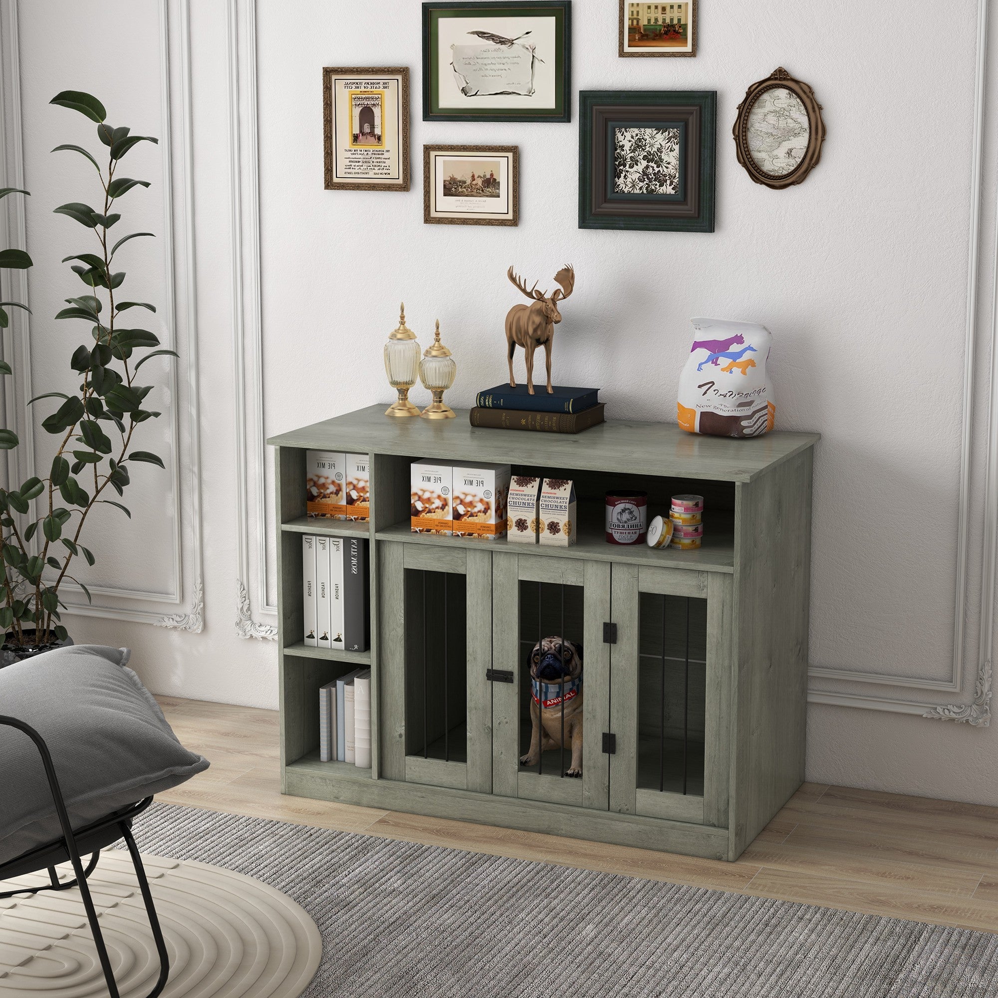 PawHut Dog Crate Furniture with Adjustable Shelf, Dog Kennel End Table, Indoor Pet Crate for Medium and Large Dogs, with Large Flat Surface, 47" x 23.5" x 35", Gray